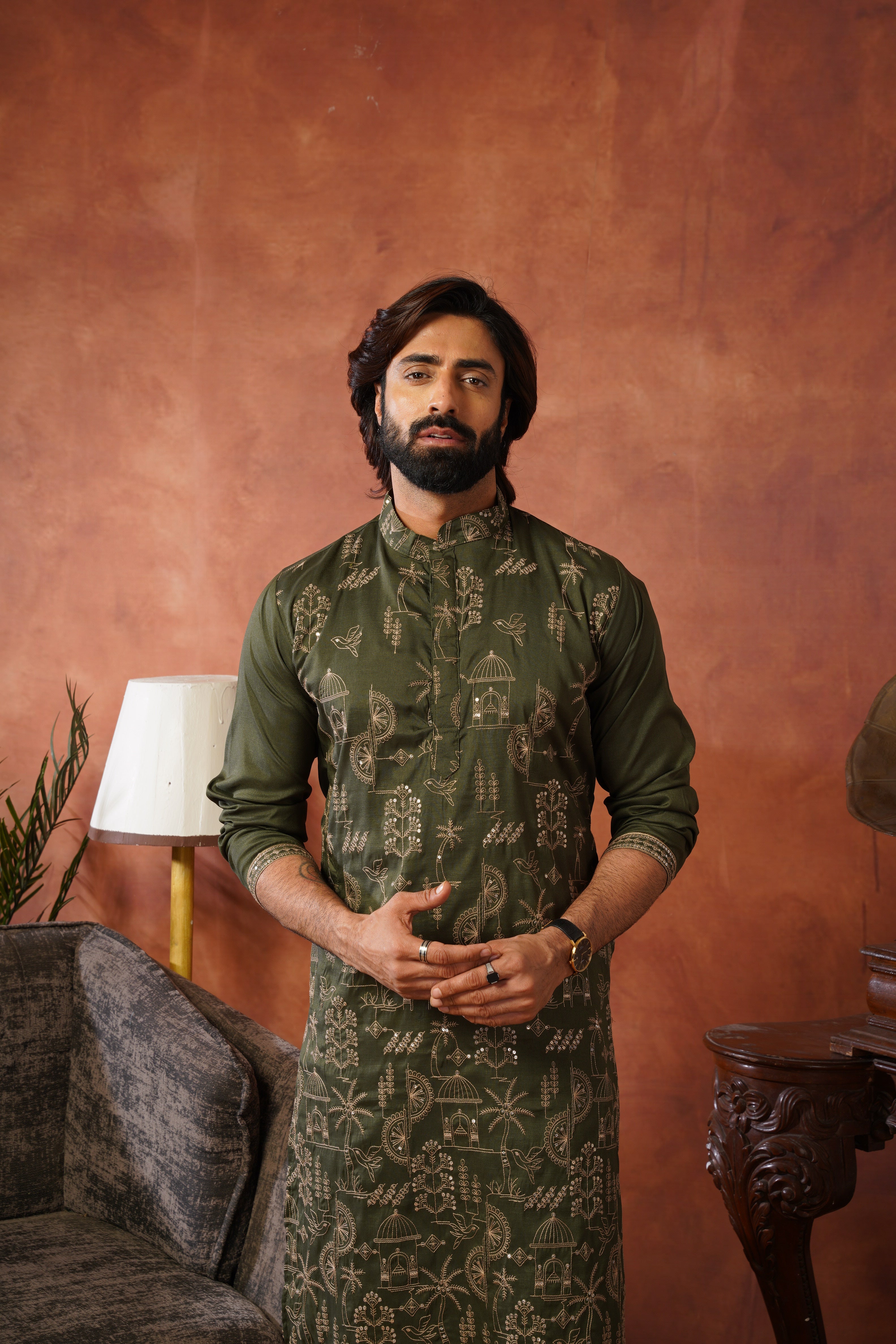 Olive Luxe Gold Silk Embroidered Kurta Set