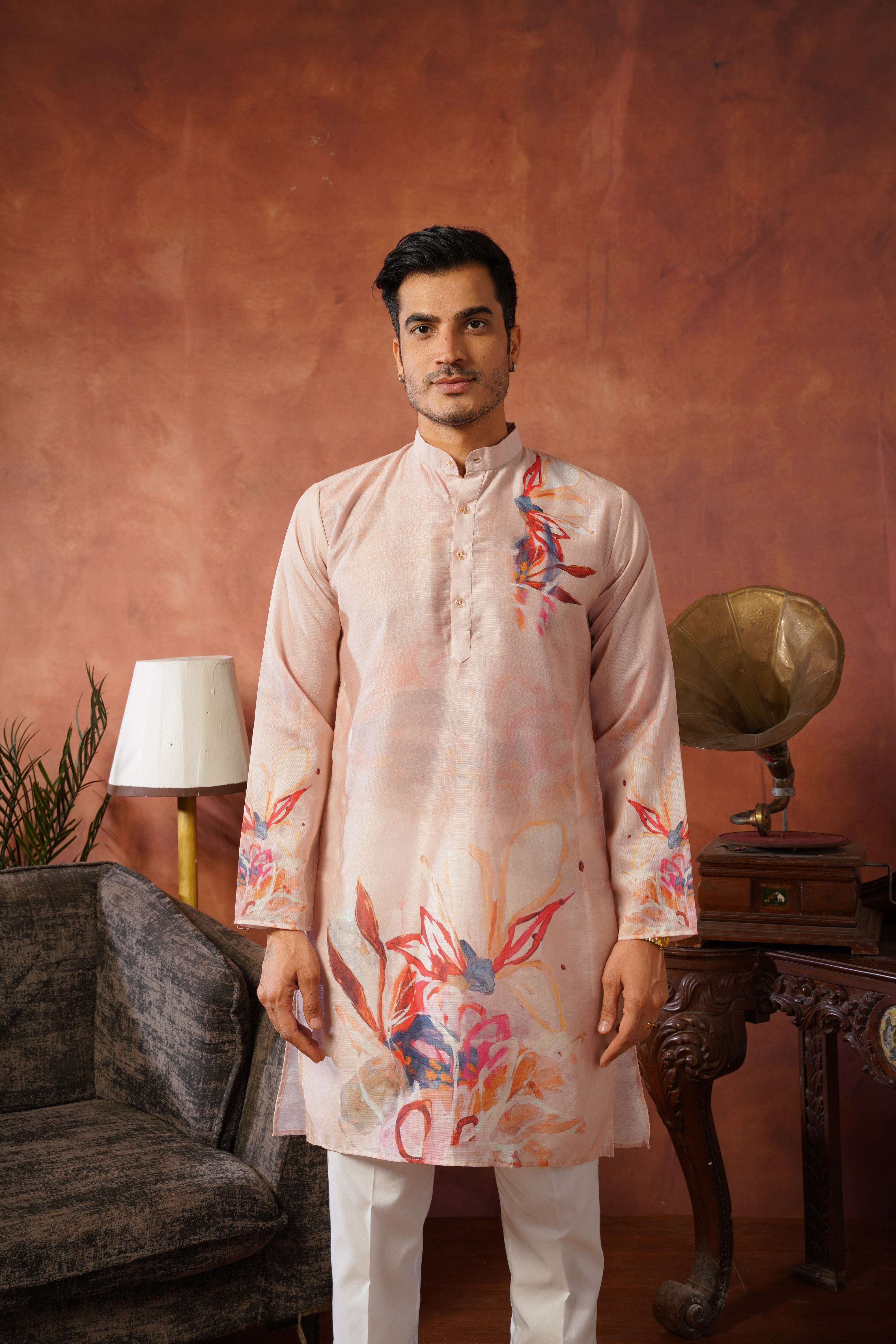 Men’s Cream Abstract Floral Kurta Set | Designer Festive Wear