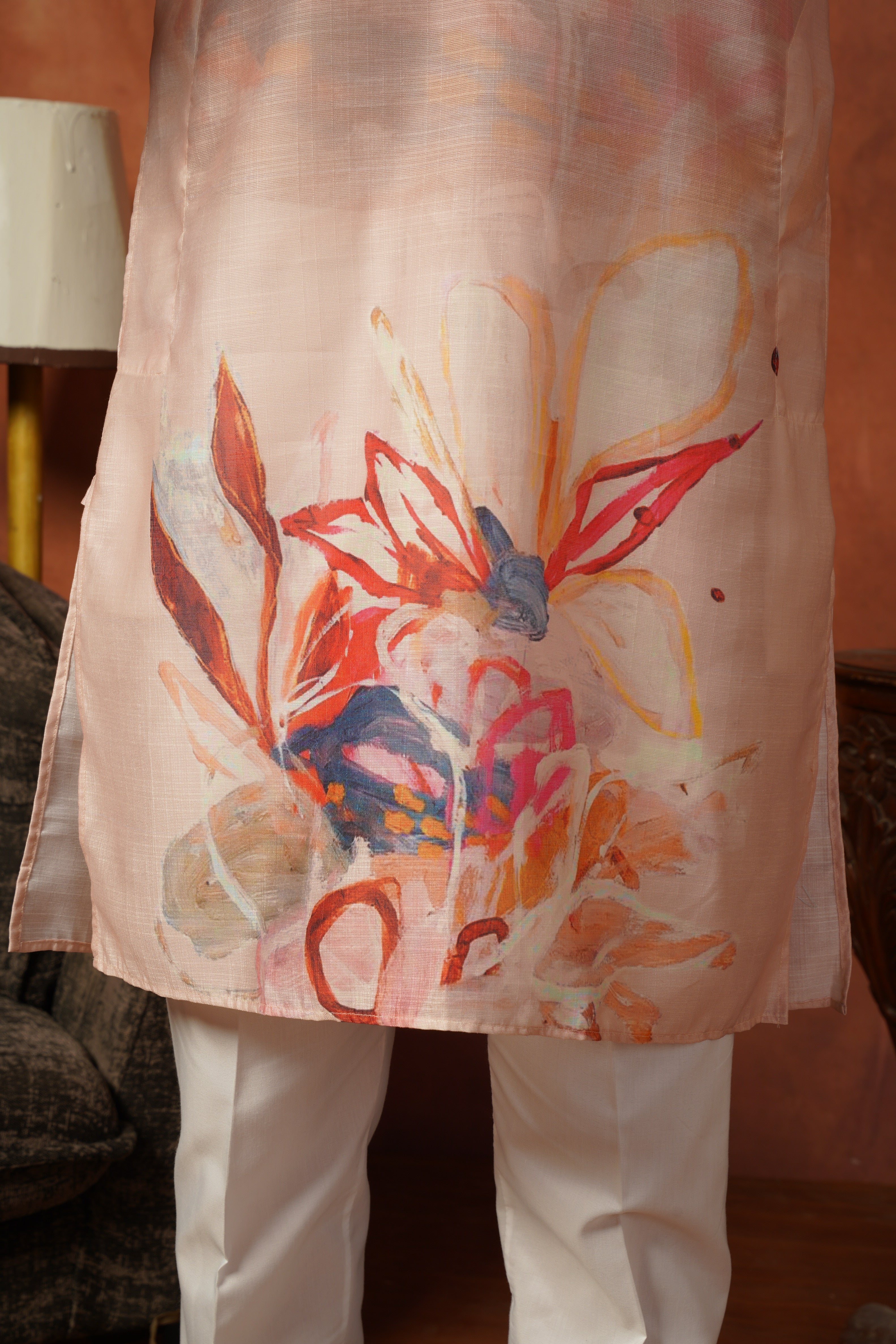 Men’s Cream Abstract Floral Kurta Set | Designer Festive Wear