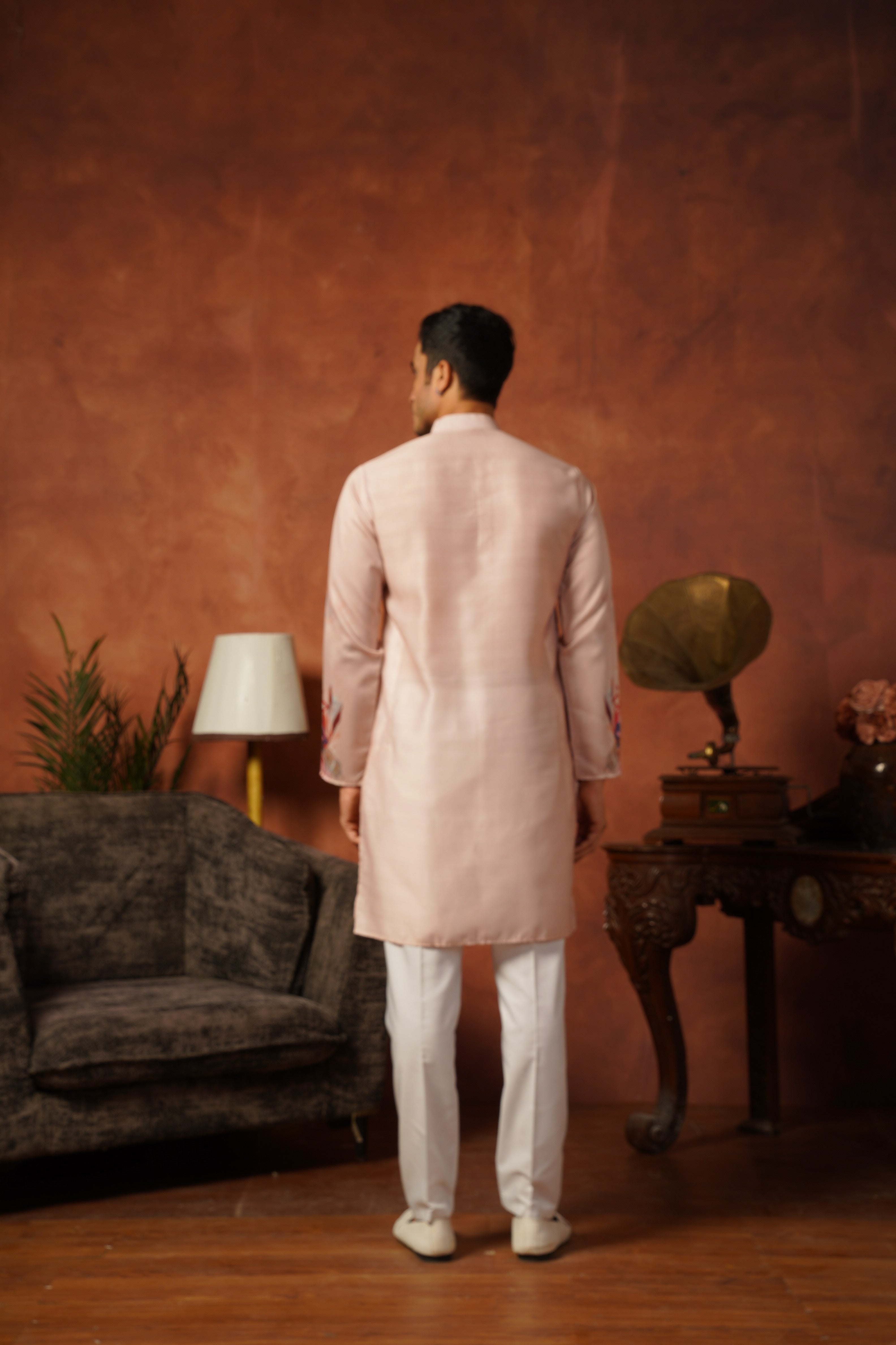 Men’s Cream Abstract Floral Kurta Set | Designer Festive Wear