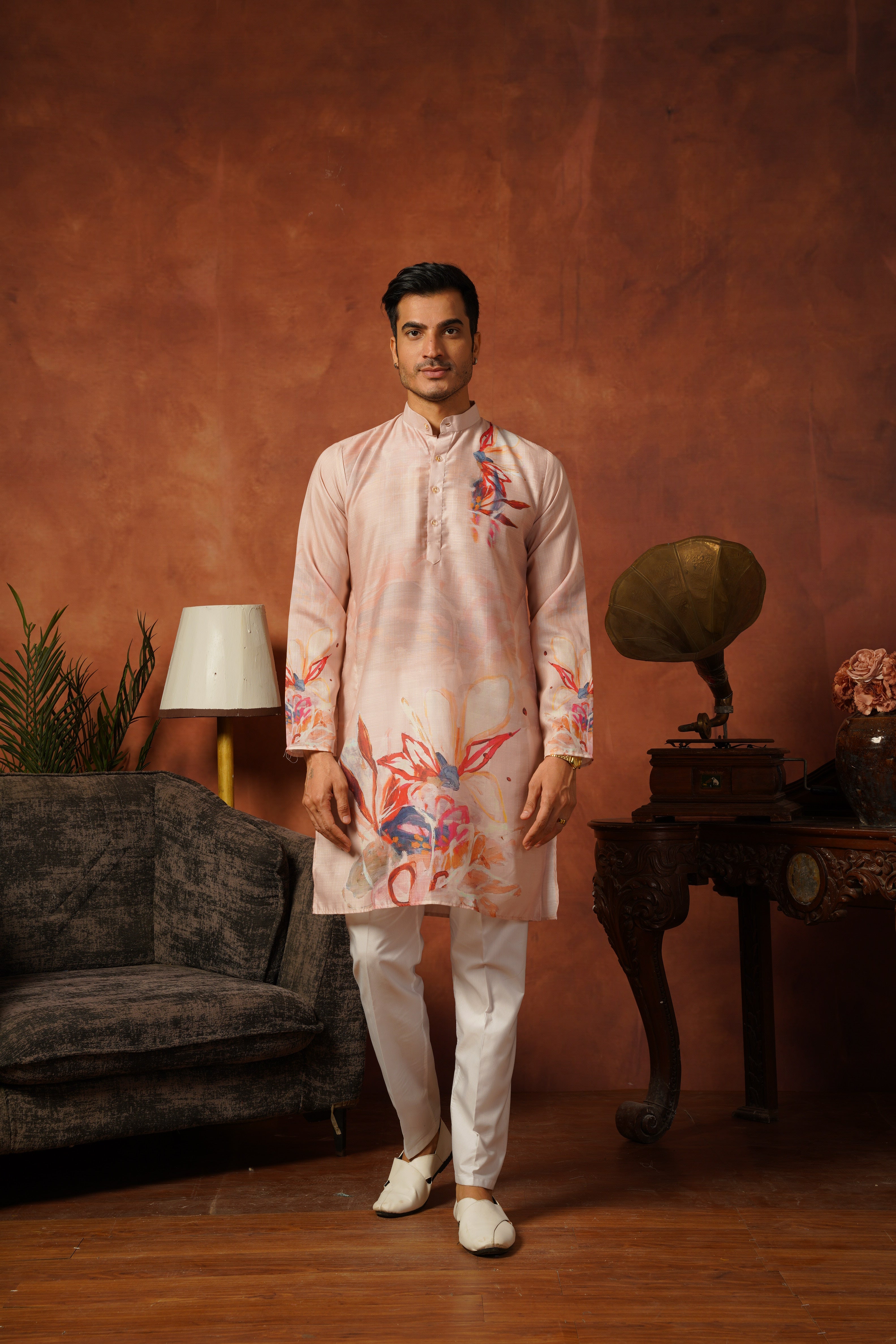 Men’s Cream Abstract Floral Kurta Set | Designer Festive Wear