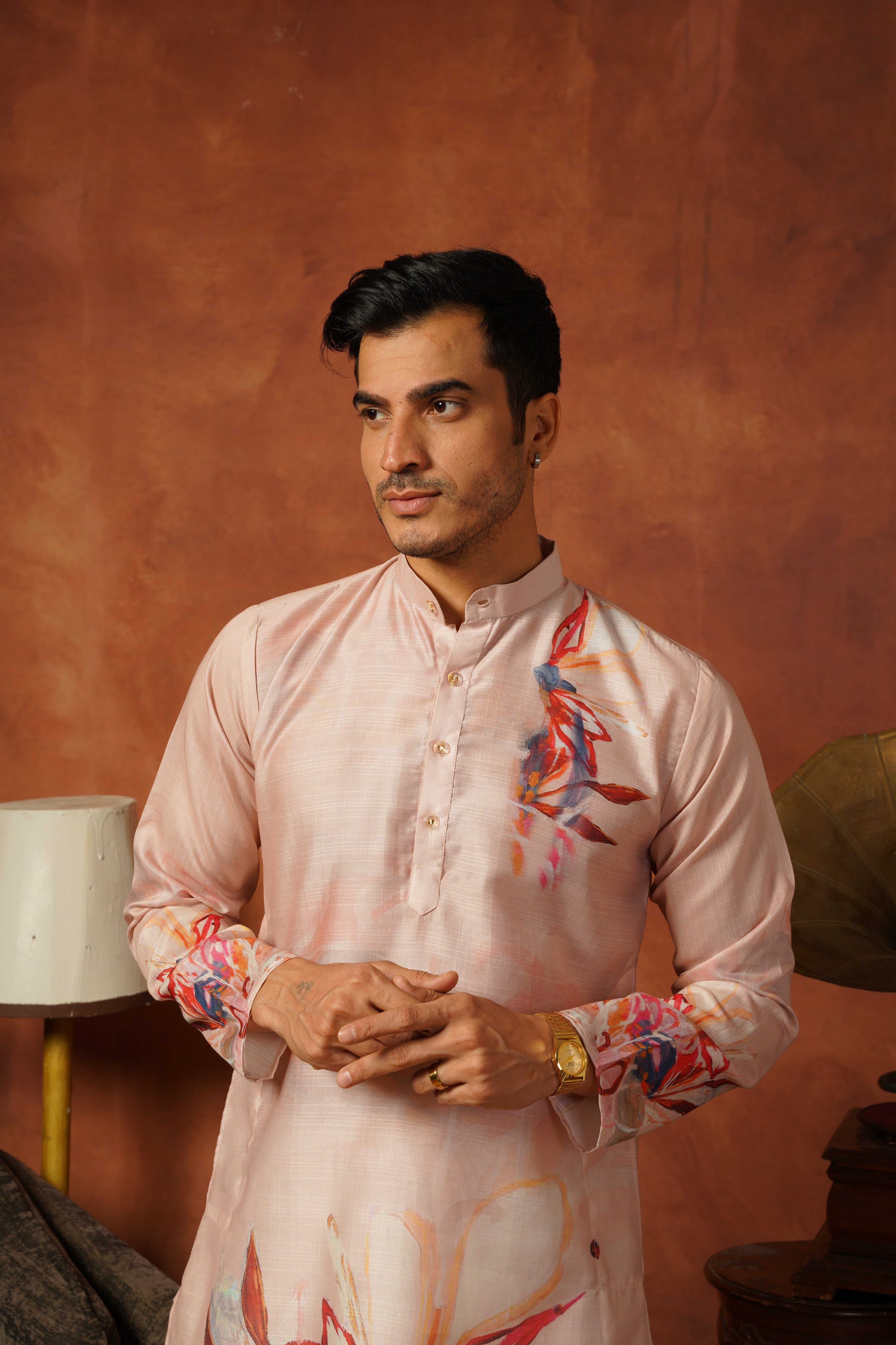 Men’s Cream Abstract Floral Kurta Set | Designer Festive Wear