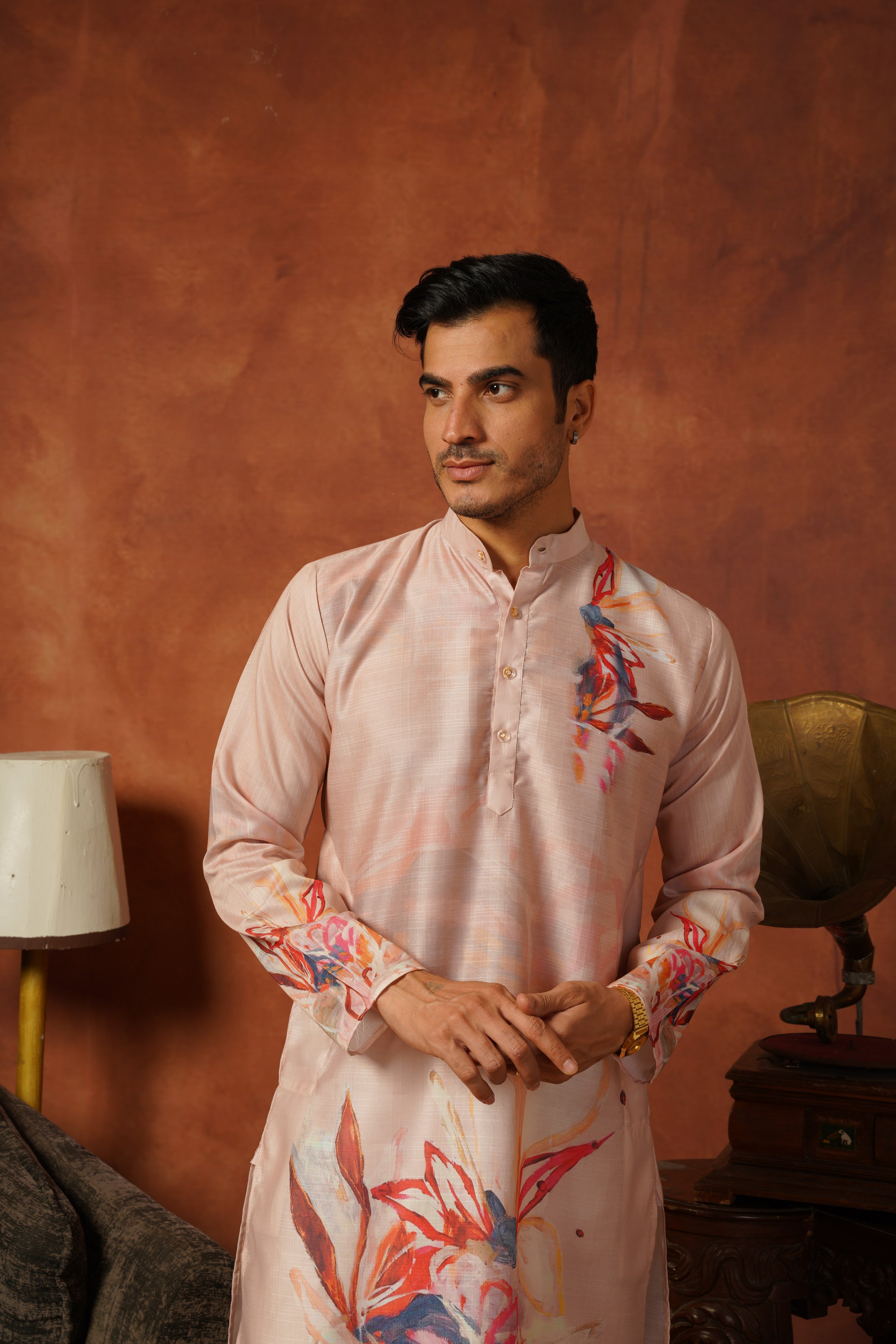 Men’s Cream Abstract Floral Kurta Set | Designer Festive Wear