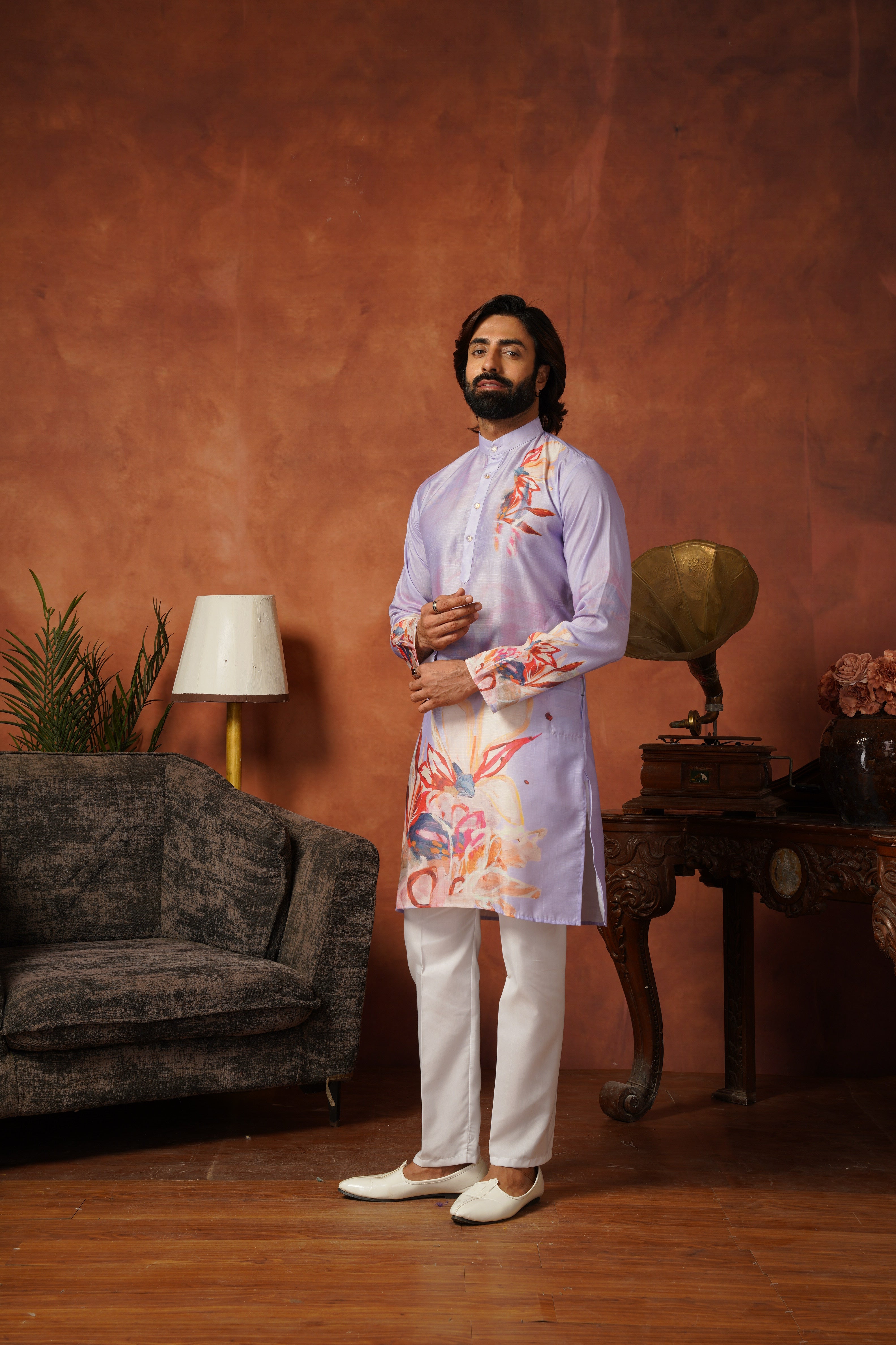 Men’s Lavender Abstract Floral Kurta Set | Designer Festive Wear
