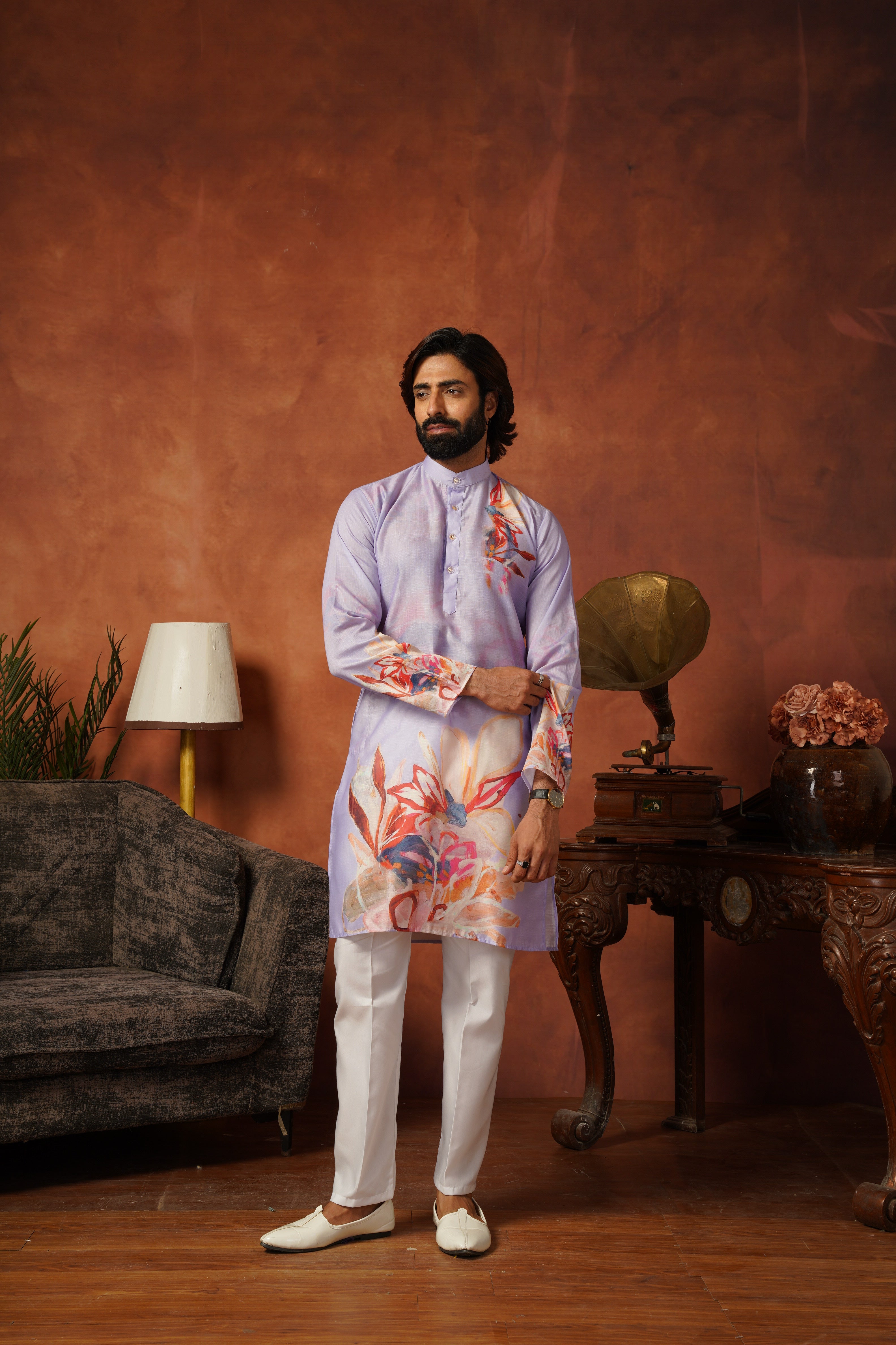 Men’s Lavender Abstract Floral Kurta Set | Designer Festive Wear