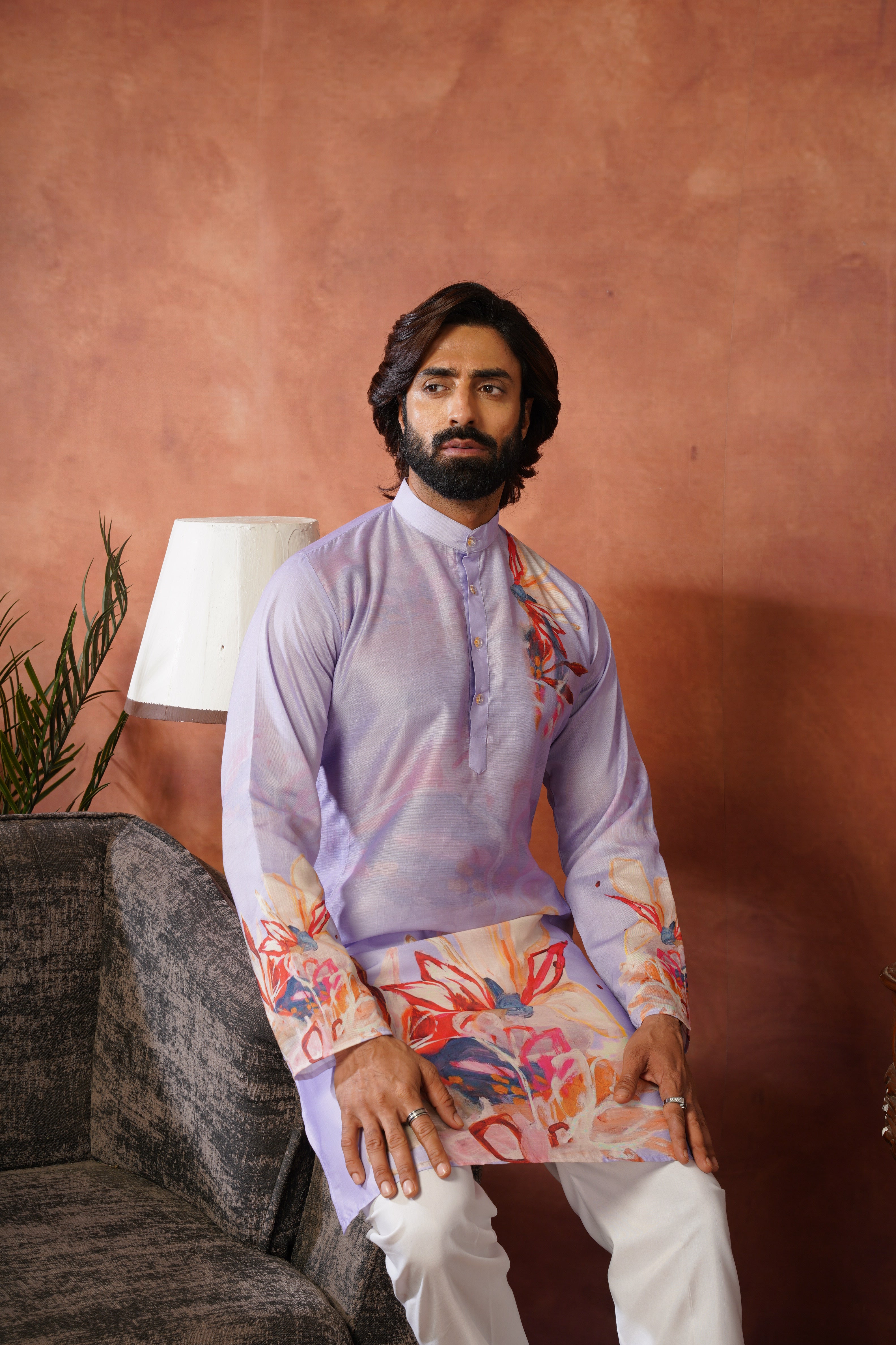 Men’s Lavender Abstract Floral Kurta Set | Designer Festive Wear