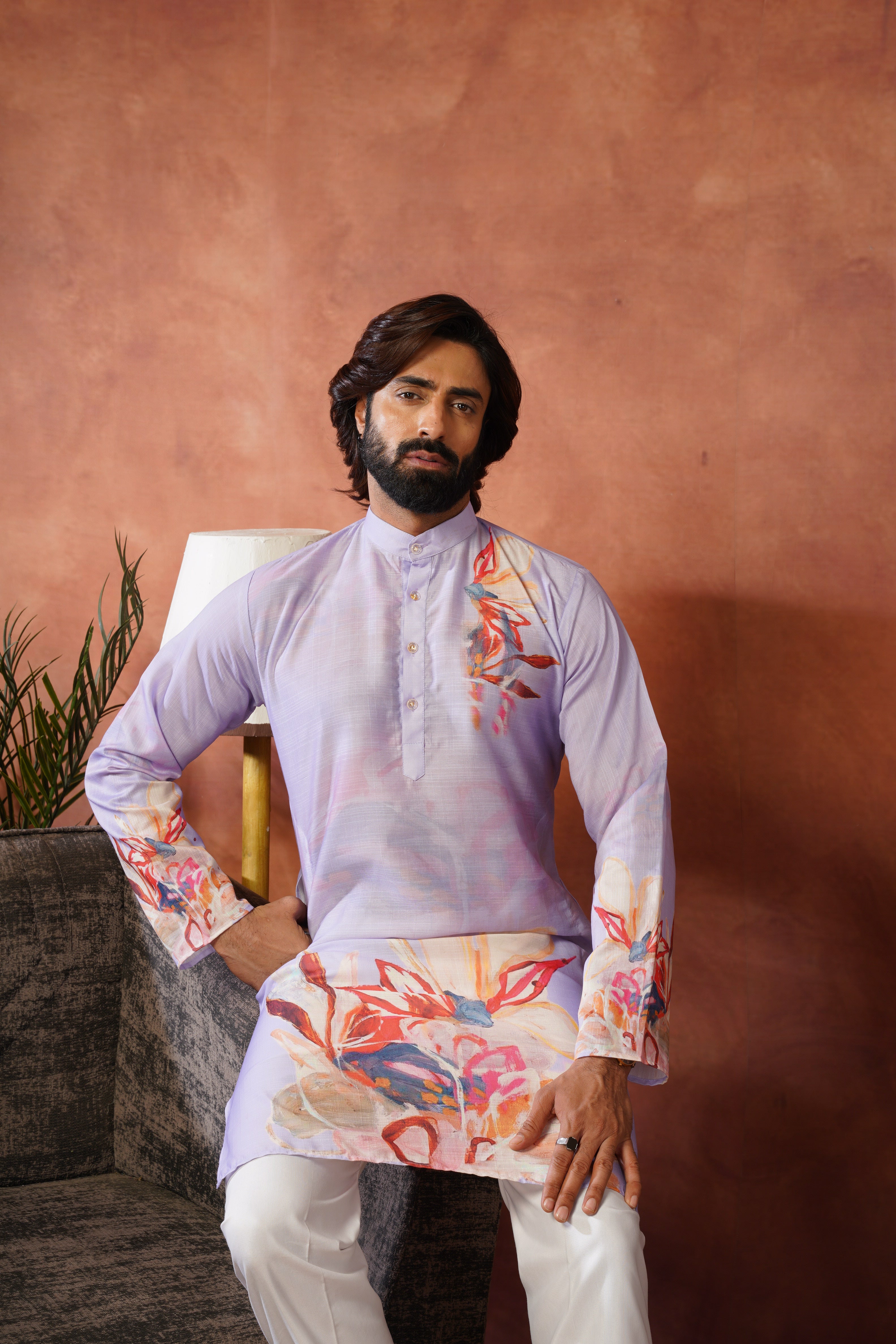 Men’s Lavender Abstract Floral Kurta Set | Designer Festive Wear
