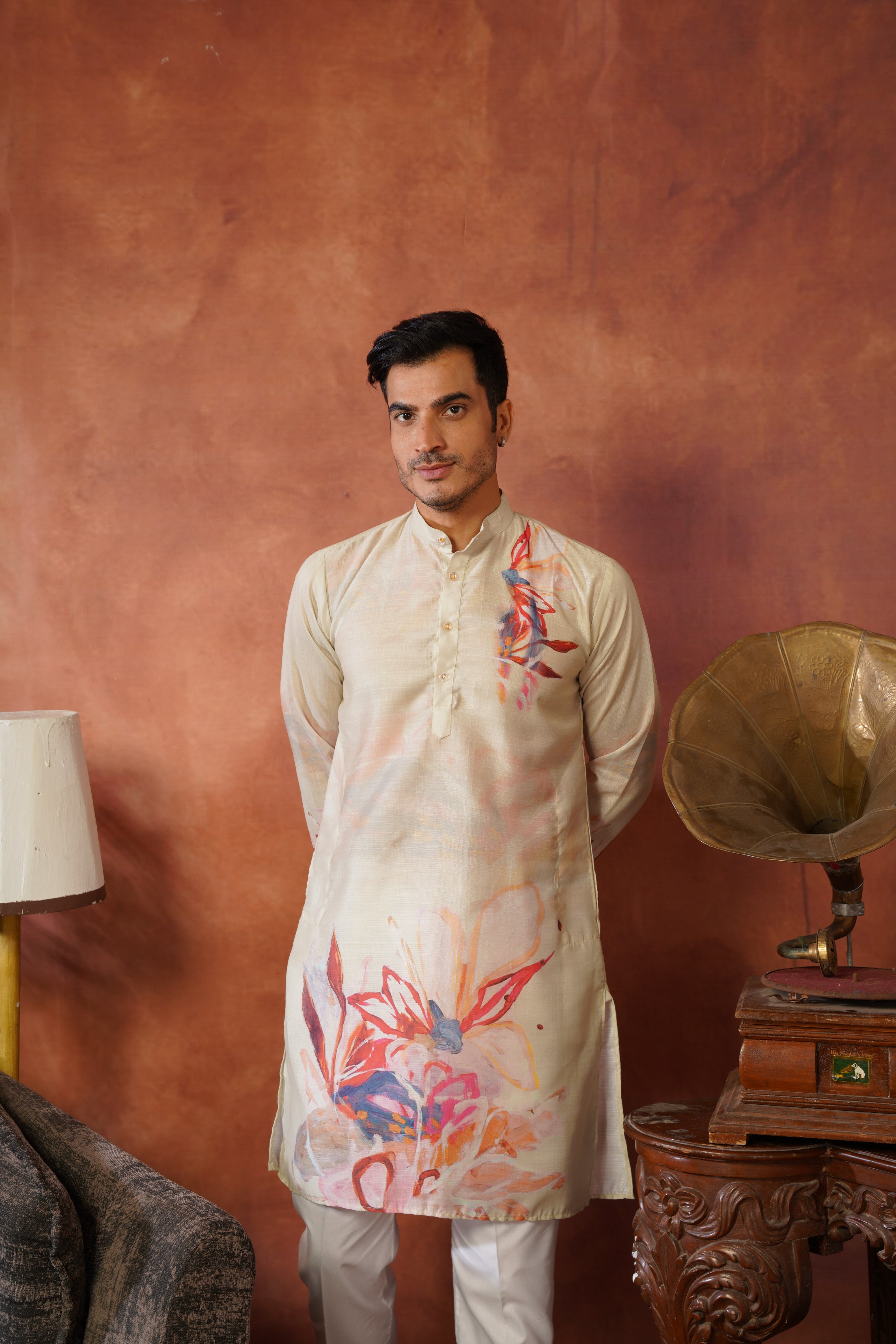 Men’s Pista Green Abstract Floral Kurta Set | Designer Festive Wear