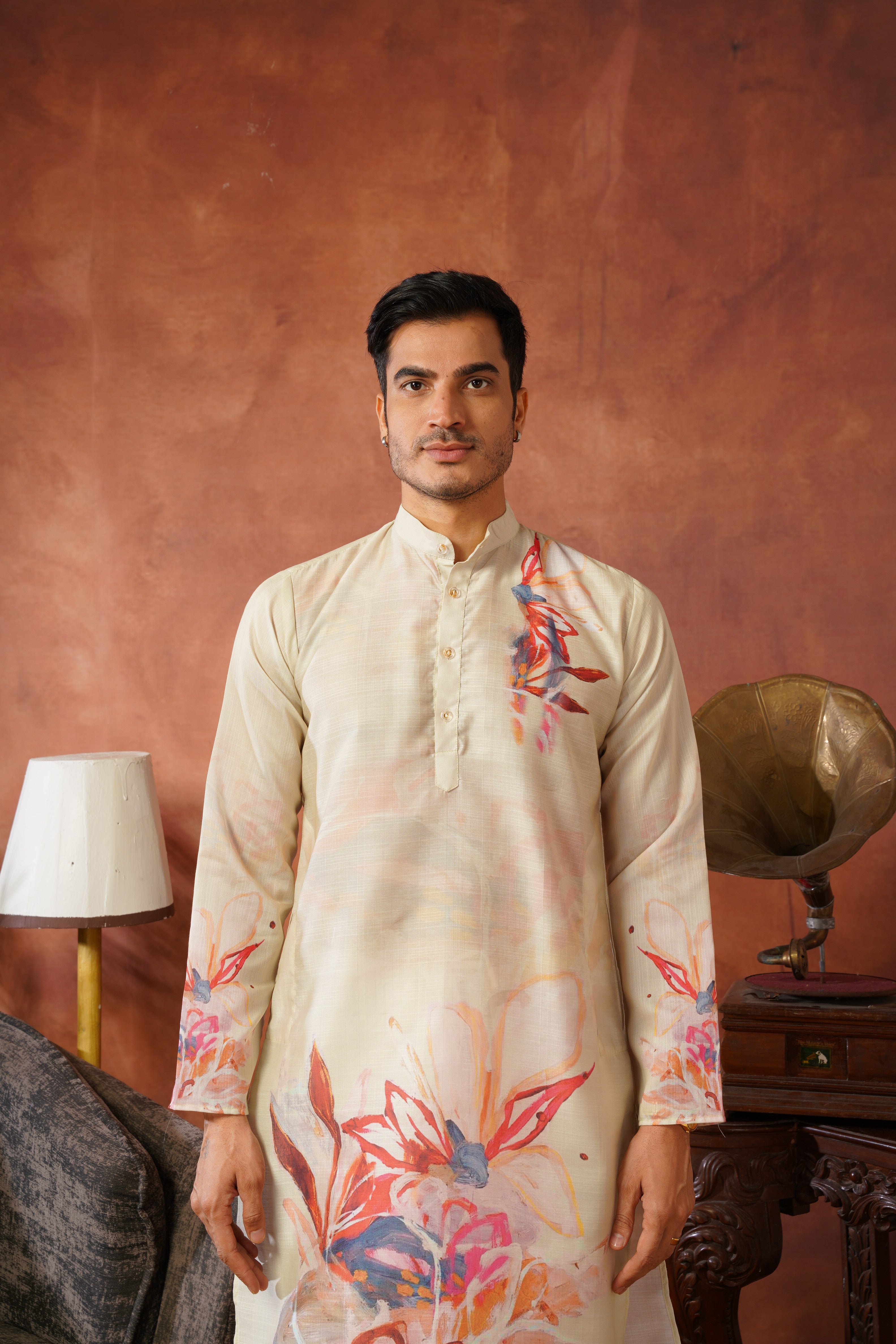 Men’s Pista Green Abstract Floral Kurta Set | Designer Festive Wear