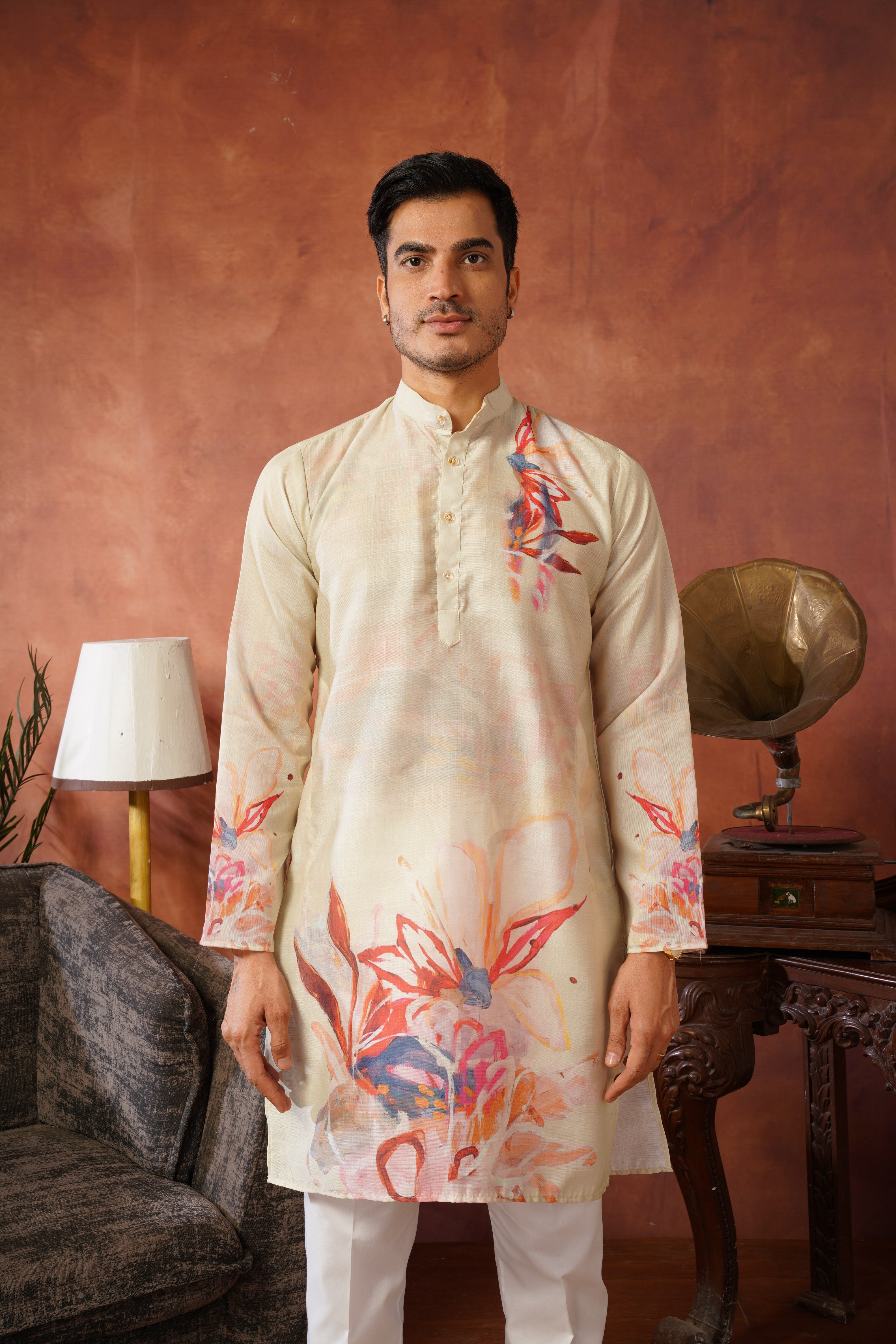 Men’s Pista Green Abstract Floral Kurta Set | Designer Festive Wear