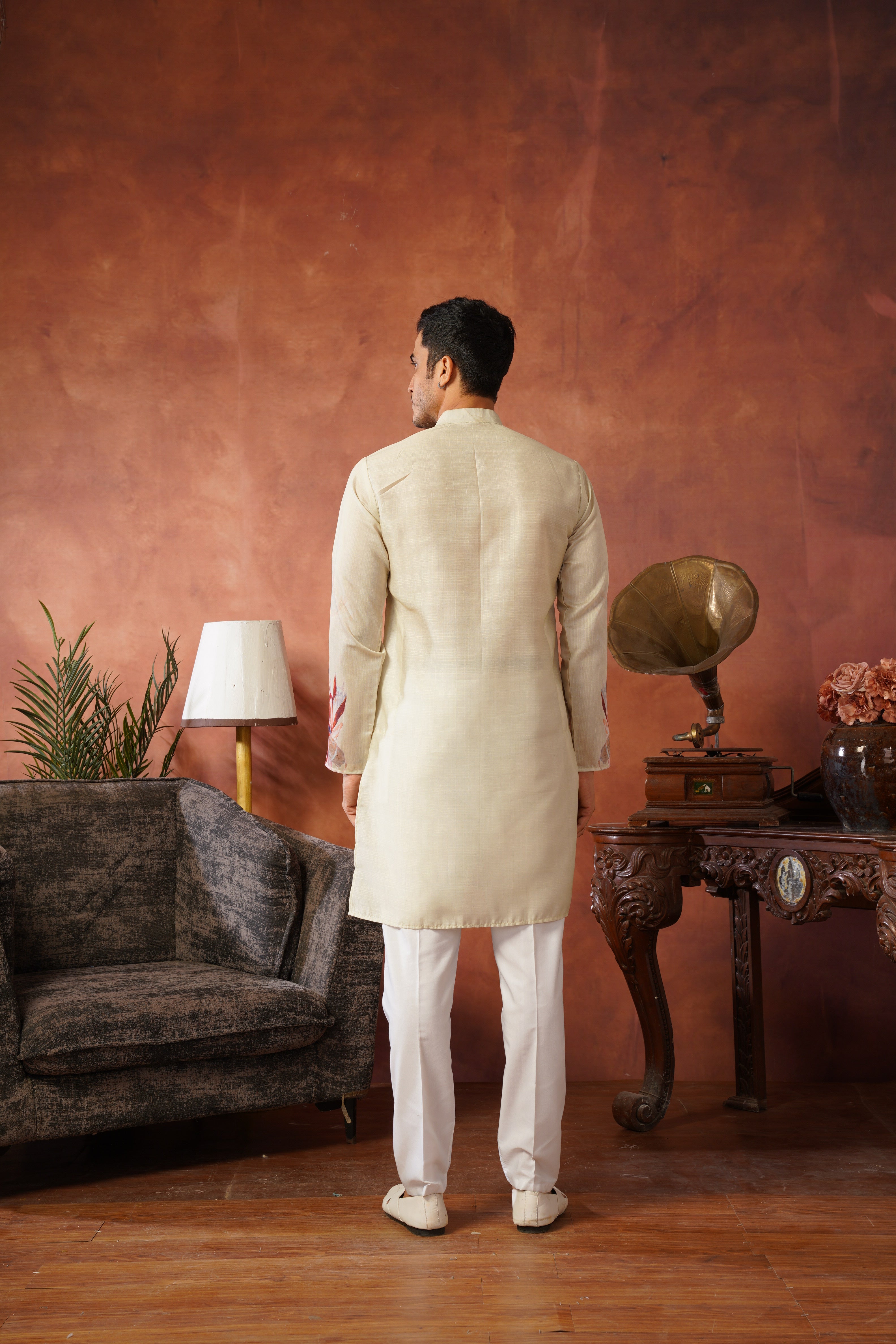 Men’s Pista Green Abstract Floral Kurta Set | Designer Festive Wear