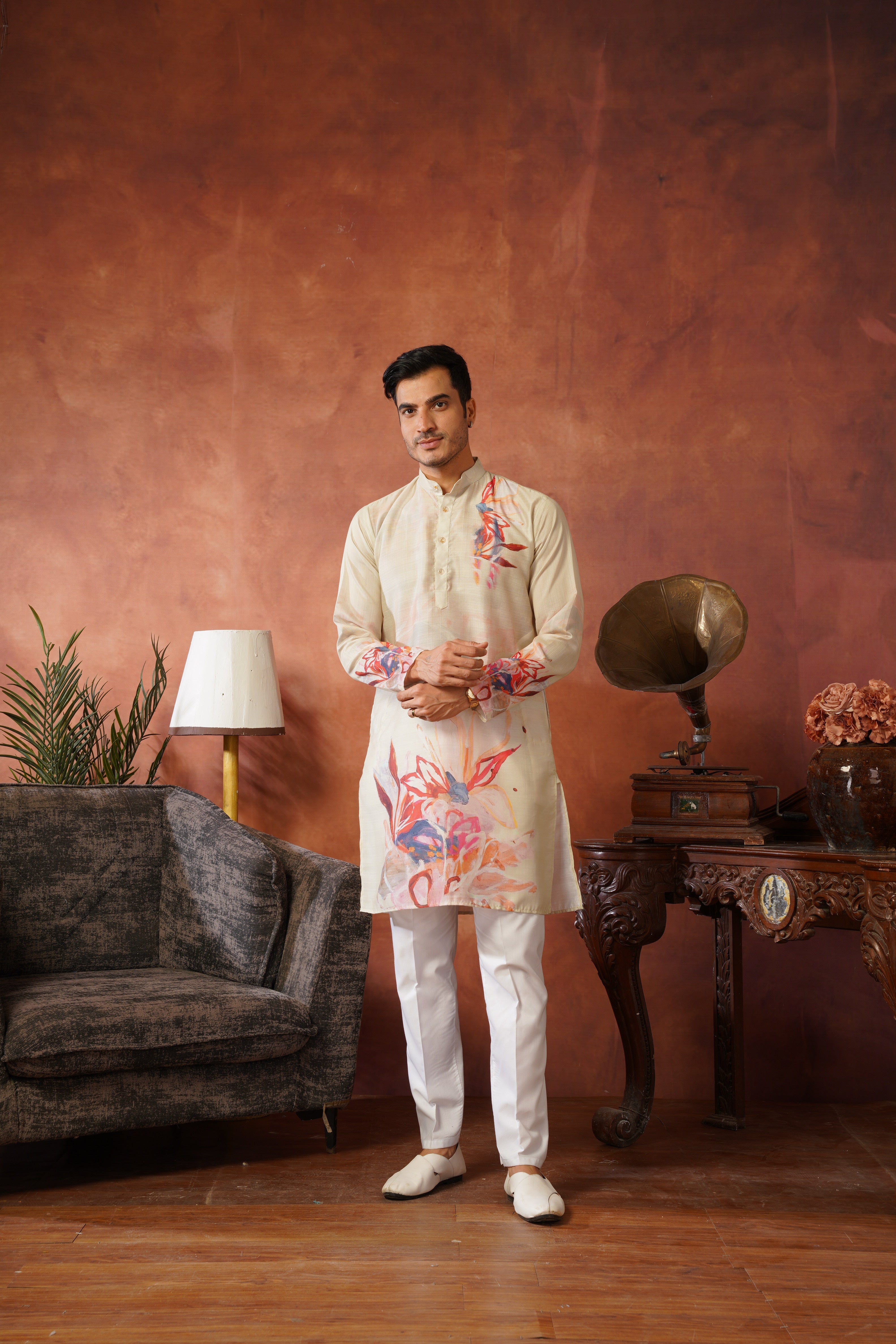 Men’s Pista Green Abstract Floral Kurta Set | Designer Festive Wear
