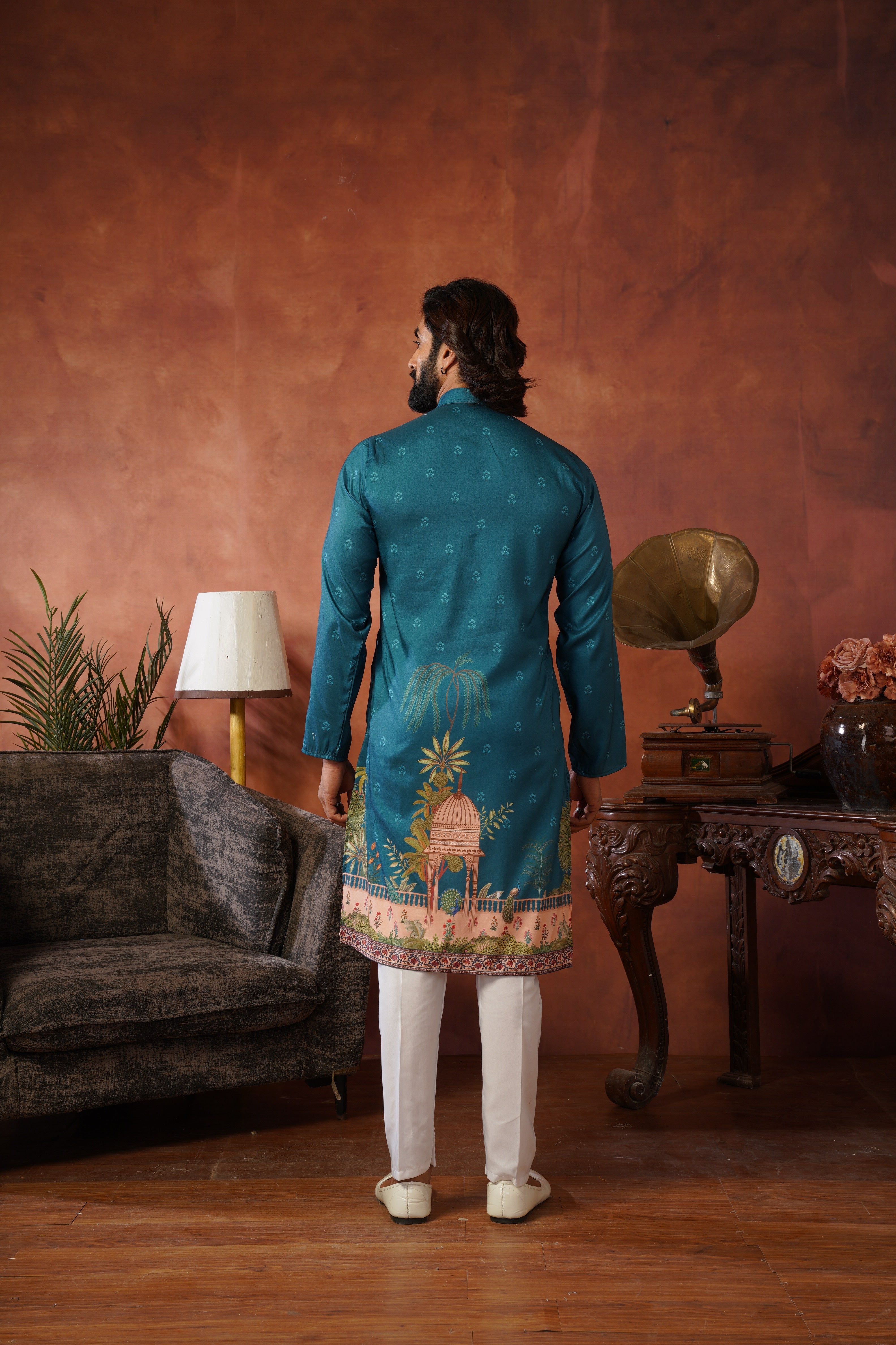 Rambagh Teal Printed Mens Kurta Set