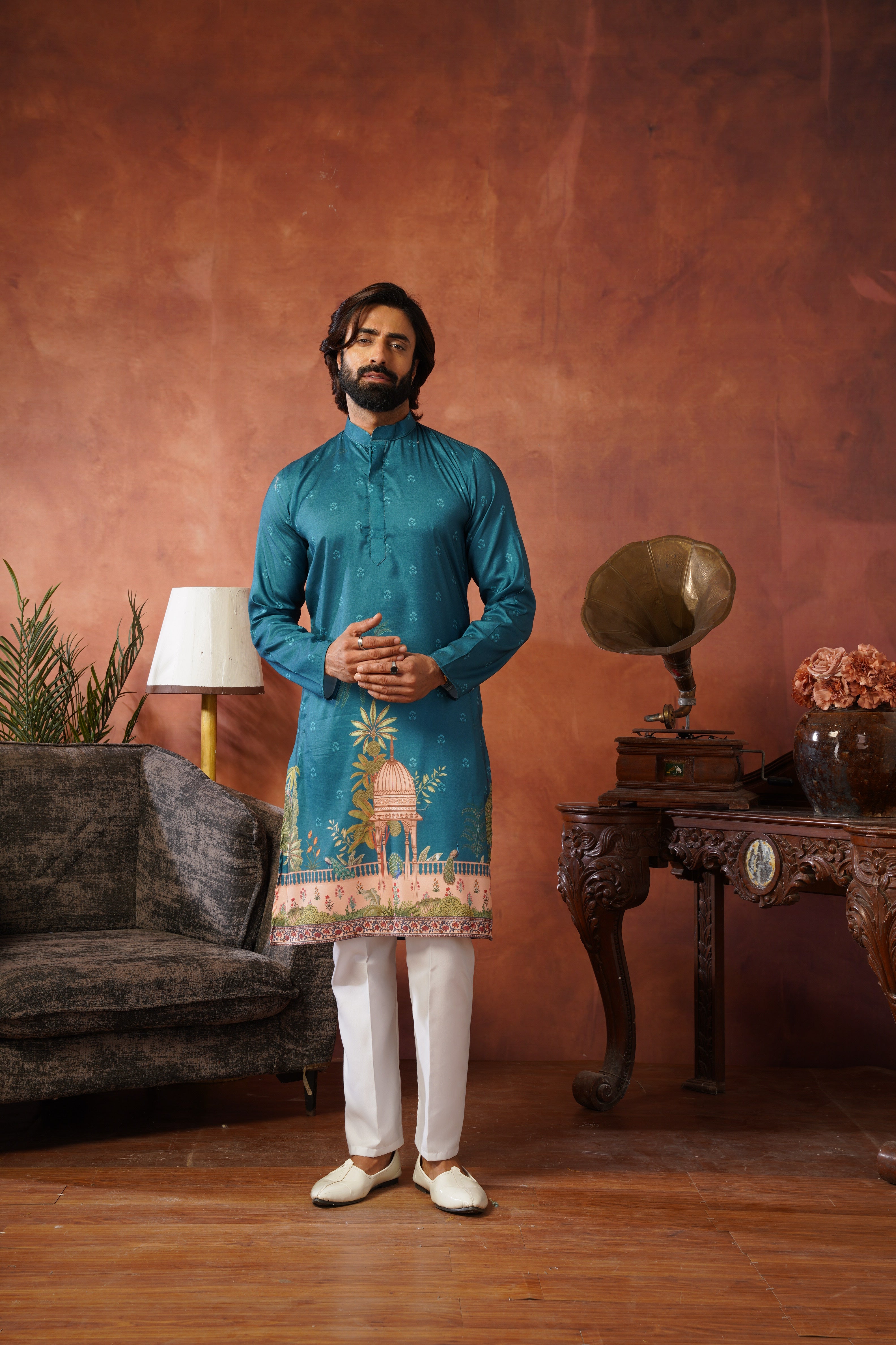 Rambagh Teal Printed Mens Kurta Set