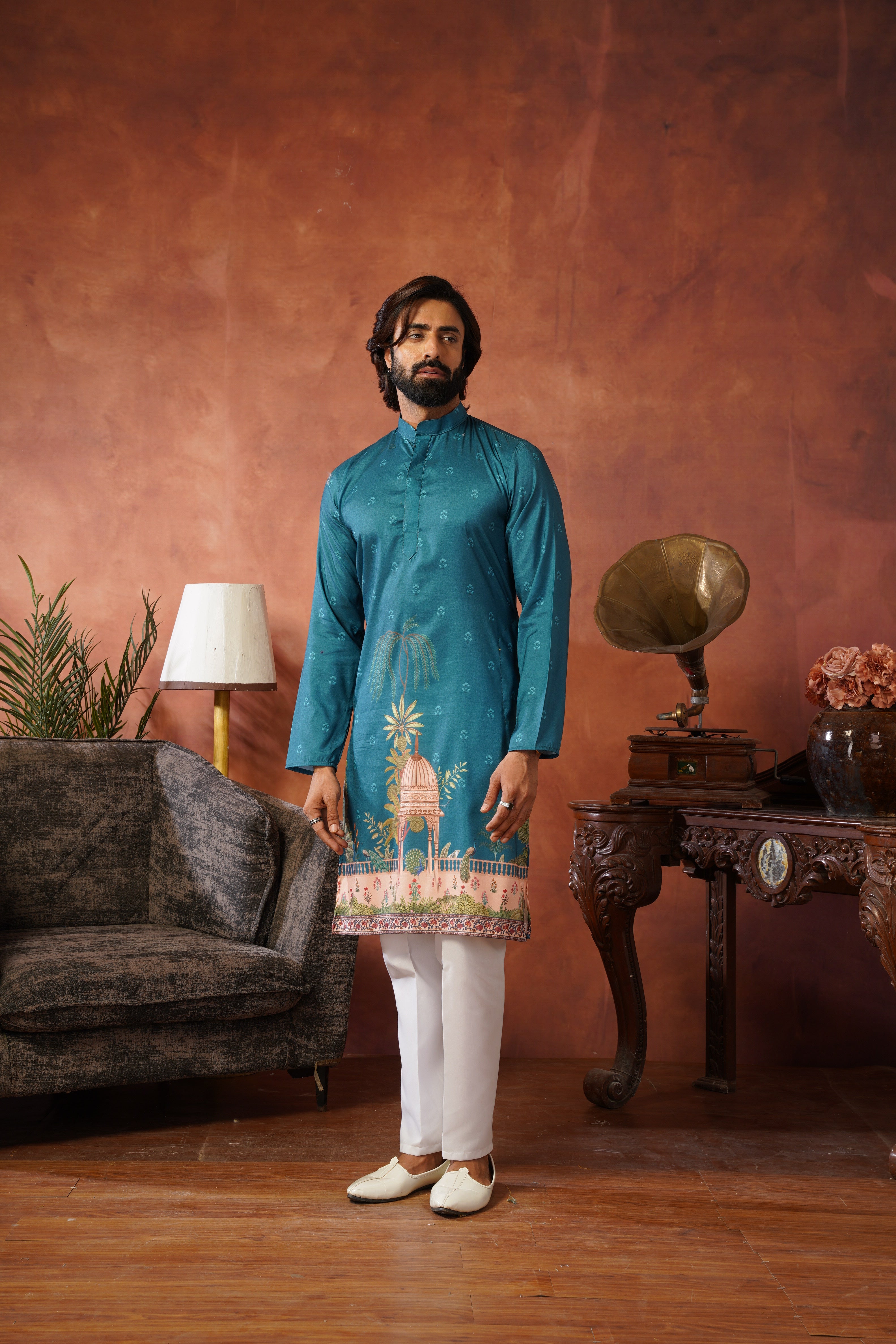 Rambagh Teal Printed Mens Kurta Set