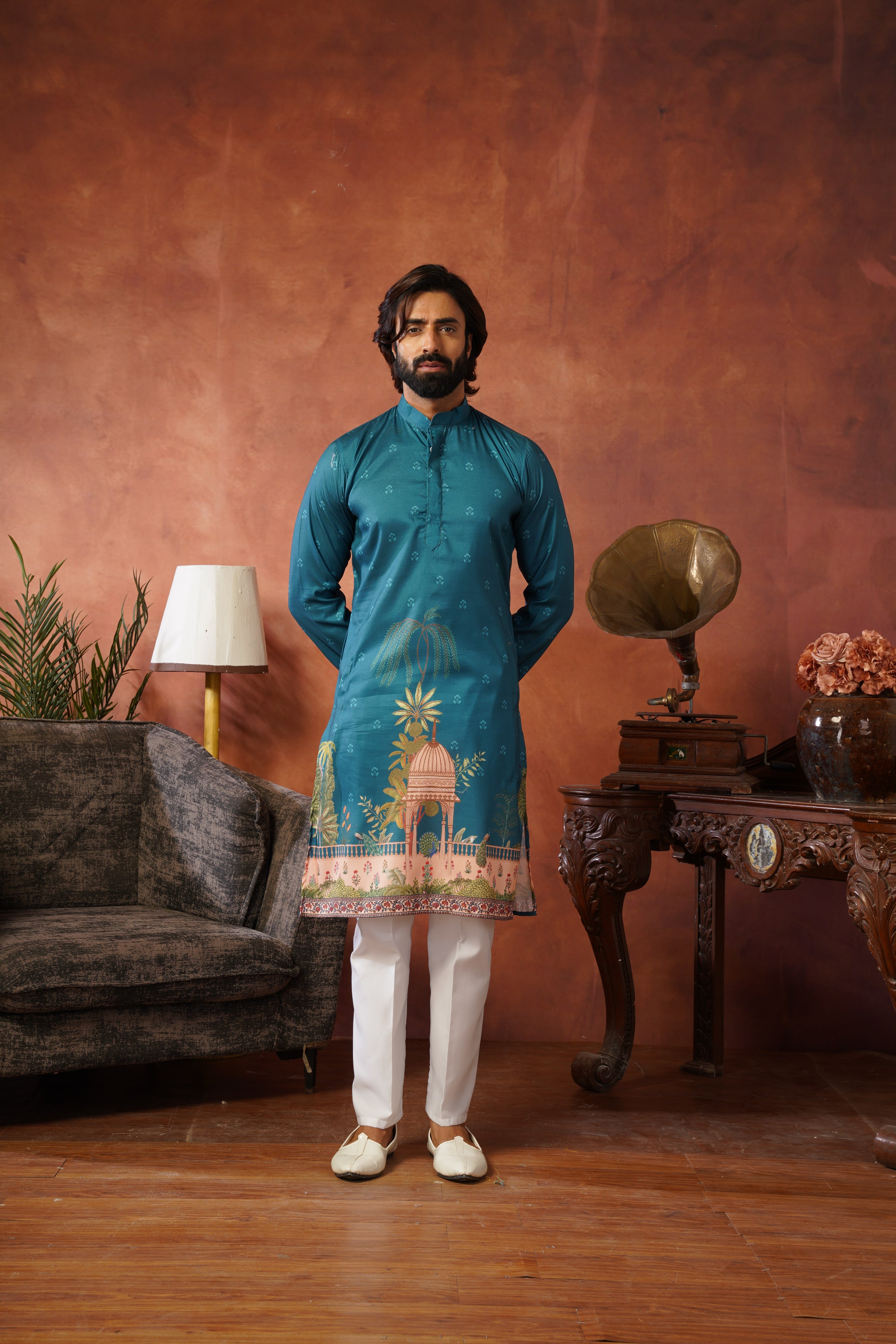 Rambagh Teal Printed Mens Kurta Set