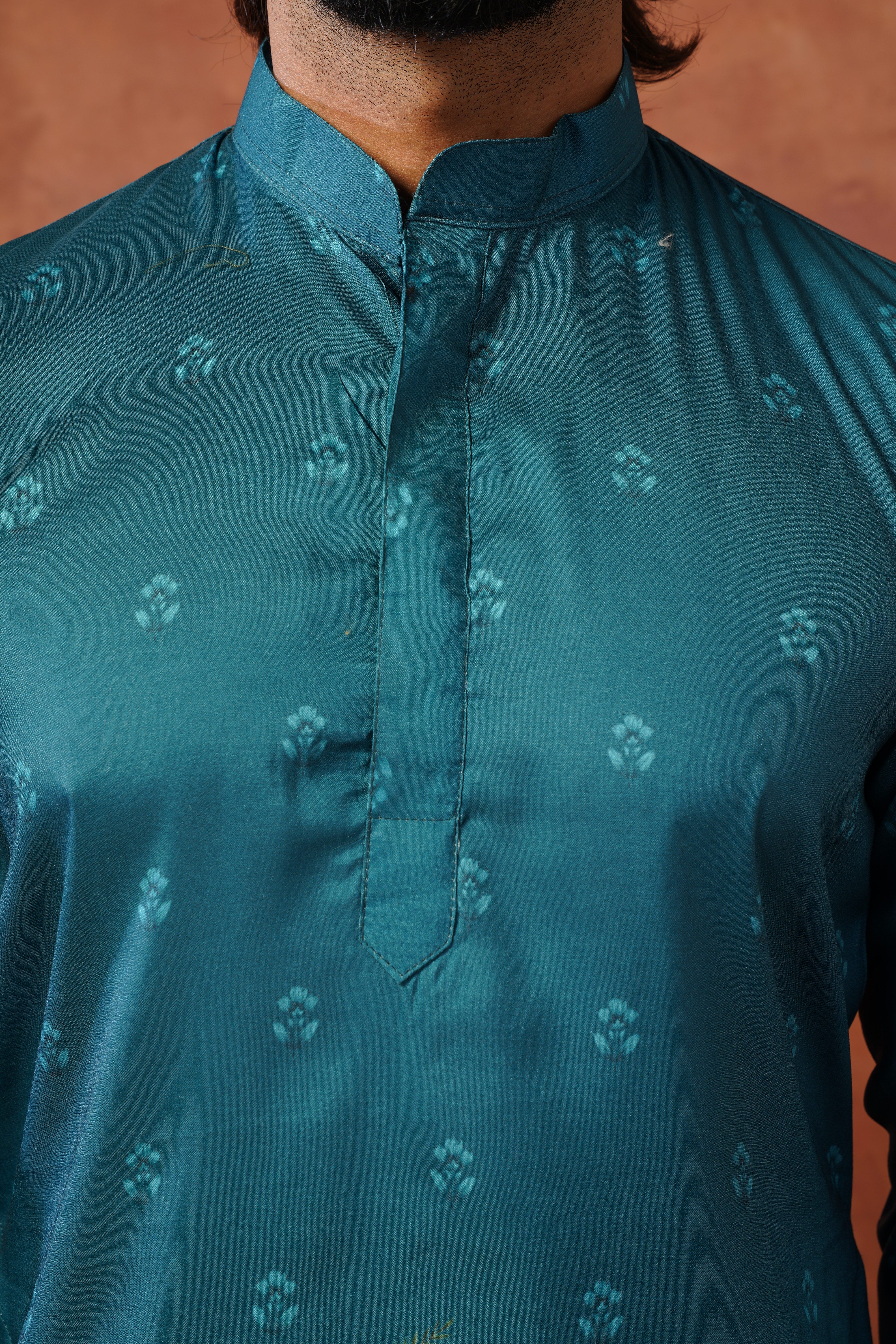 Rambagh Teal Printed Mens Kurta Set