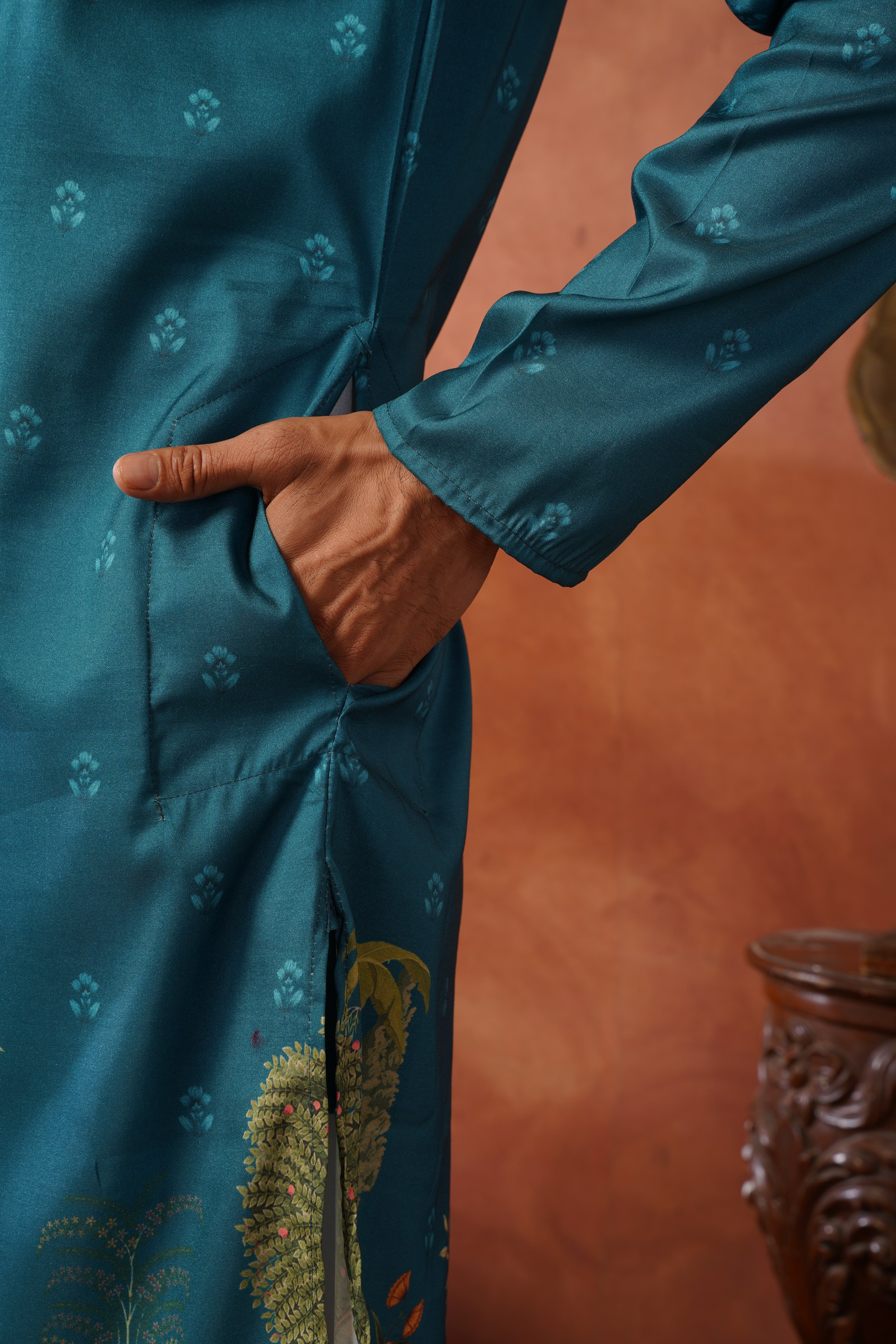 Rambagh Teal Printed Mens Kurta Set