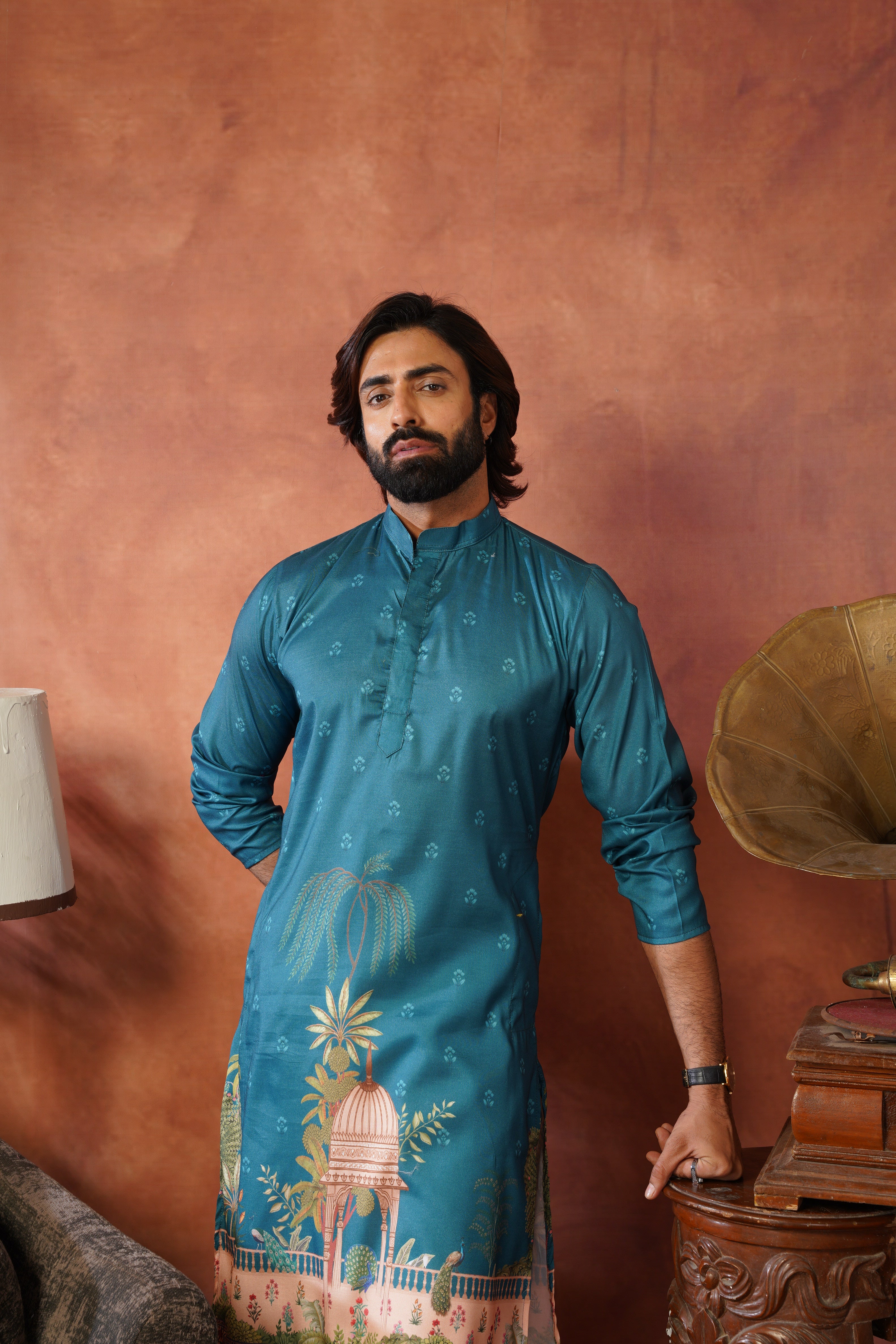 Rambagh Teal Printed Mens Kurta Set