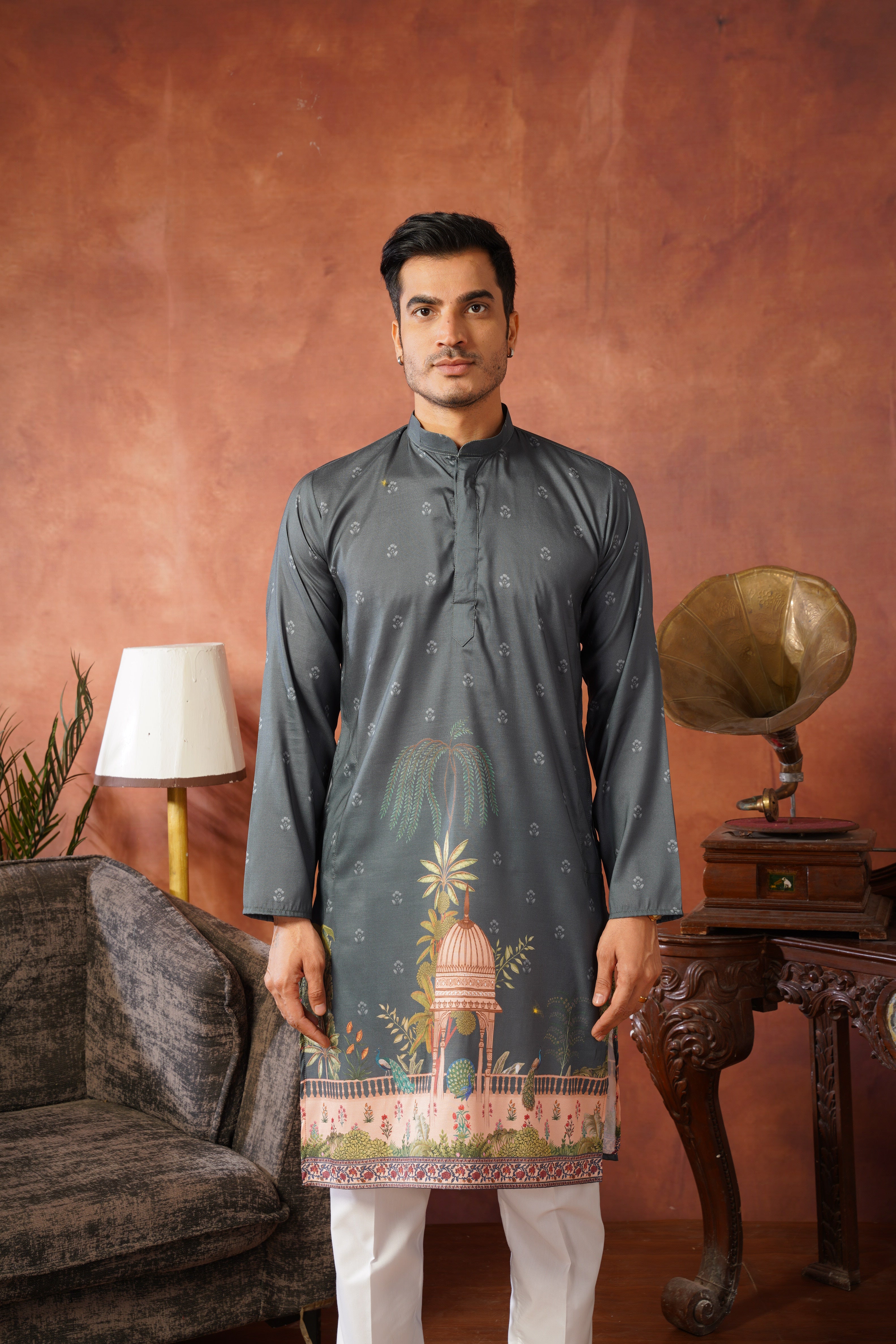 Rambagh Grey Printed Mens Kurta Set