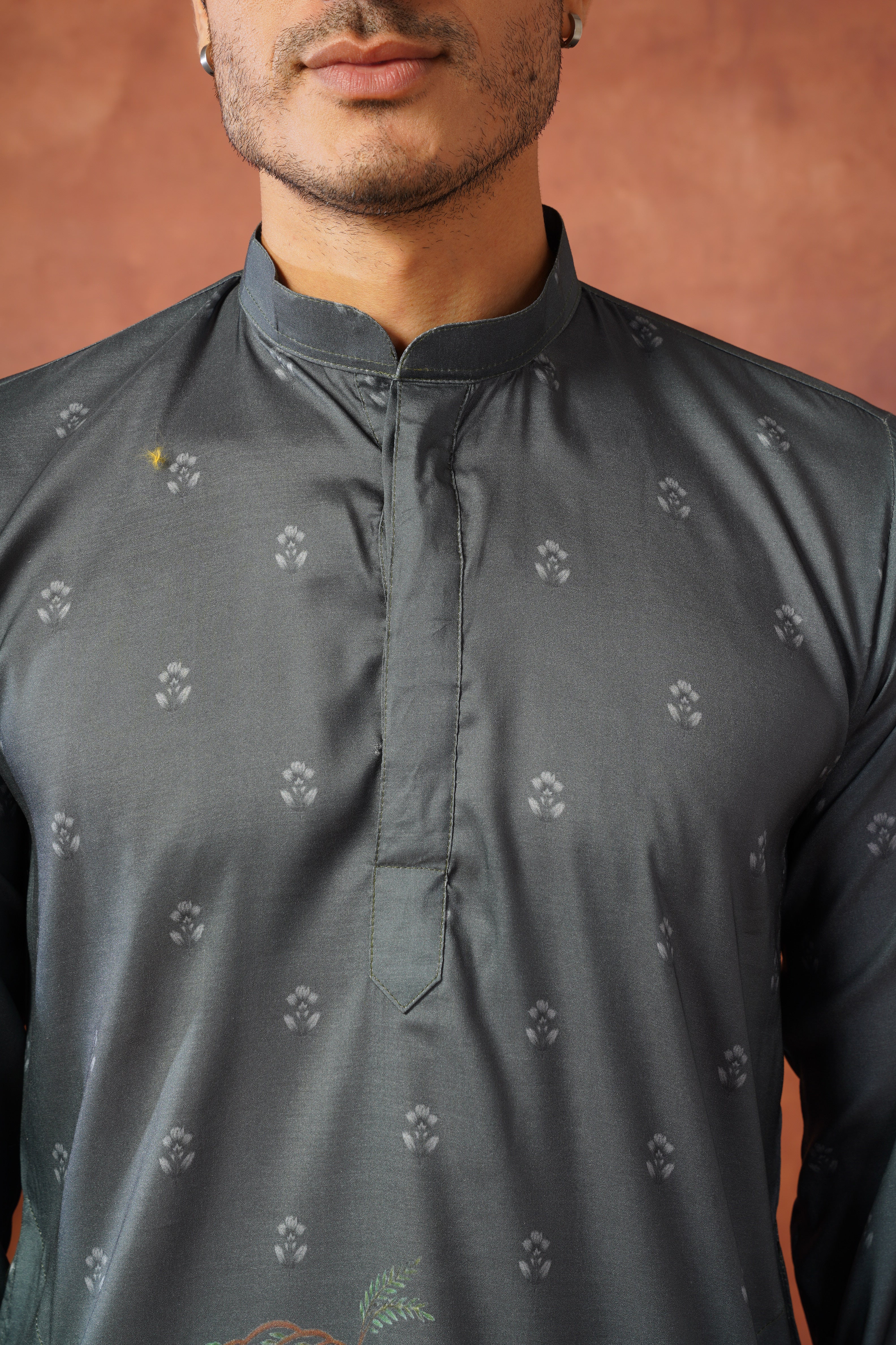 Rambagh Grey Printed Mens Kurta Set