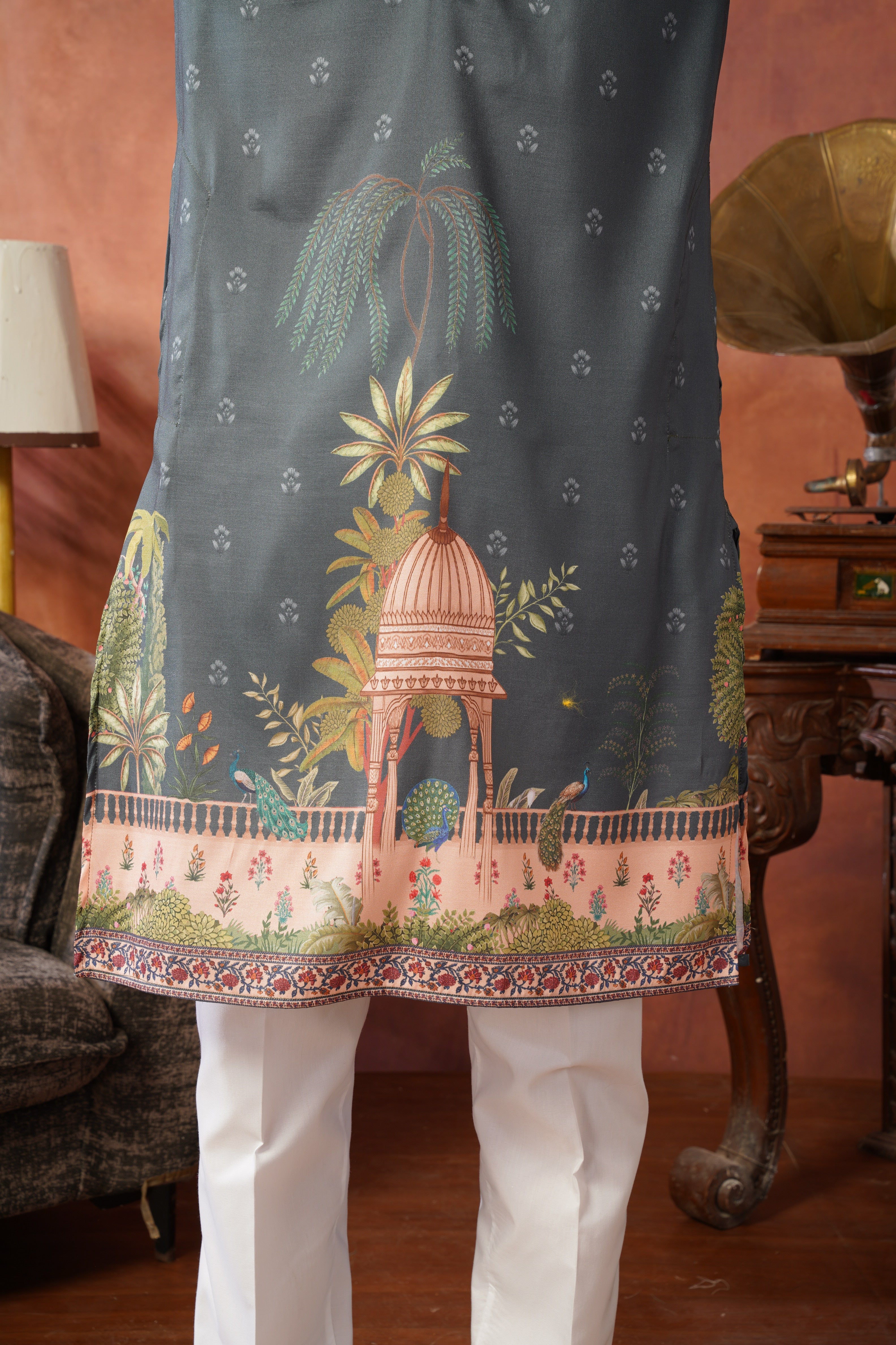 Rambagh Grey Printed Mens Kurta Set
