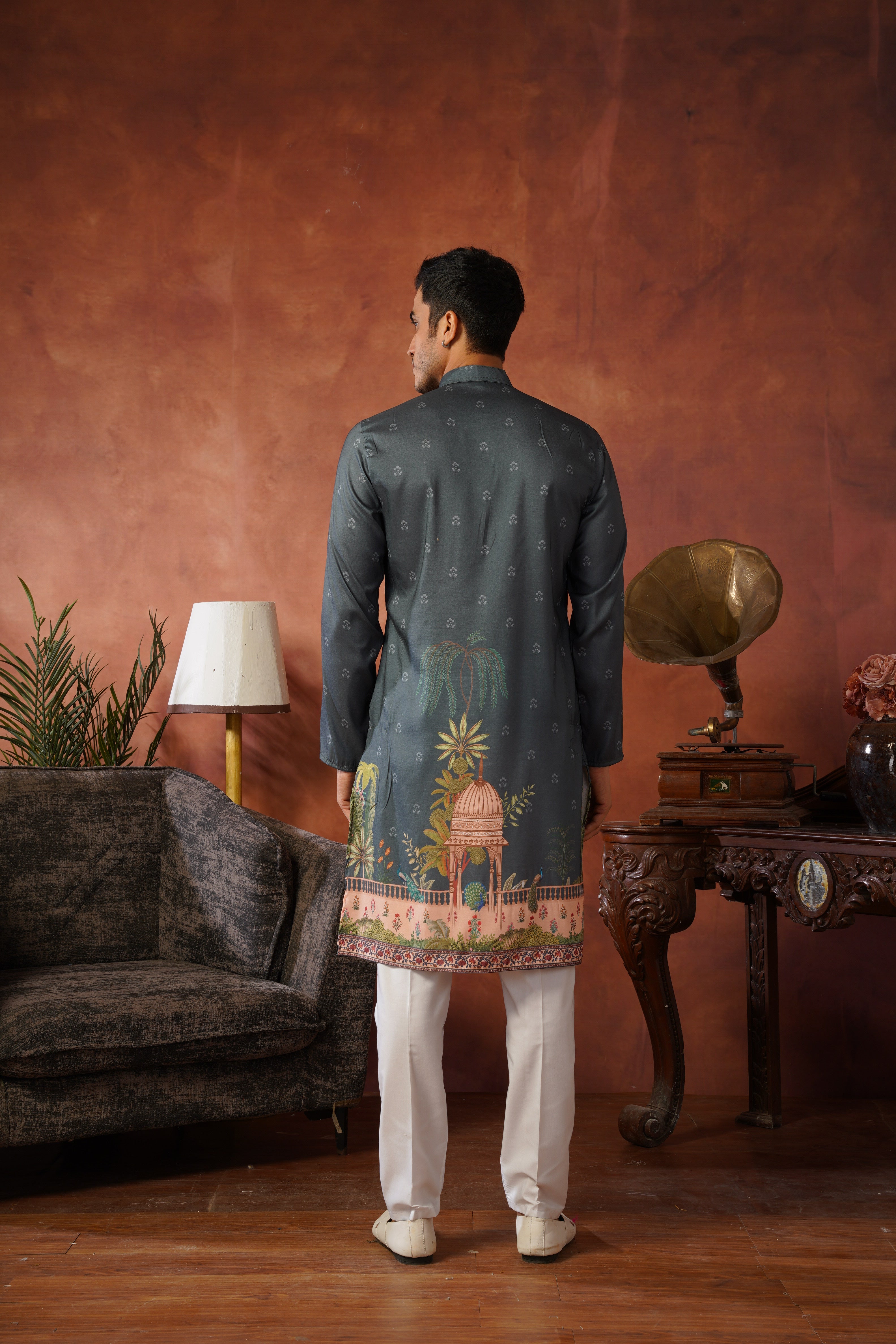 Rambagh Grey Printed Mens Kurta Set