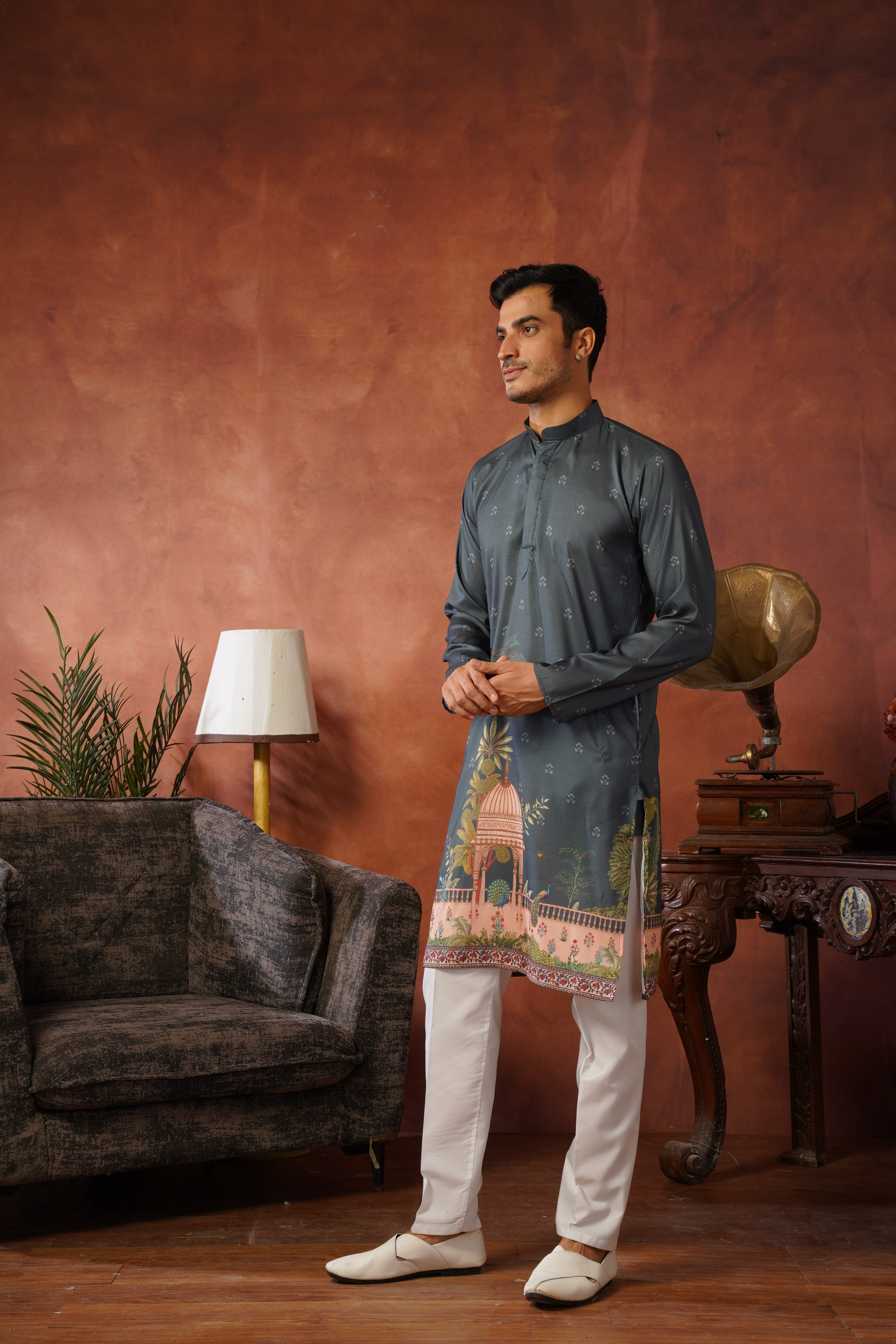 Rambagh Grey Printed Mens Kurta Set