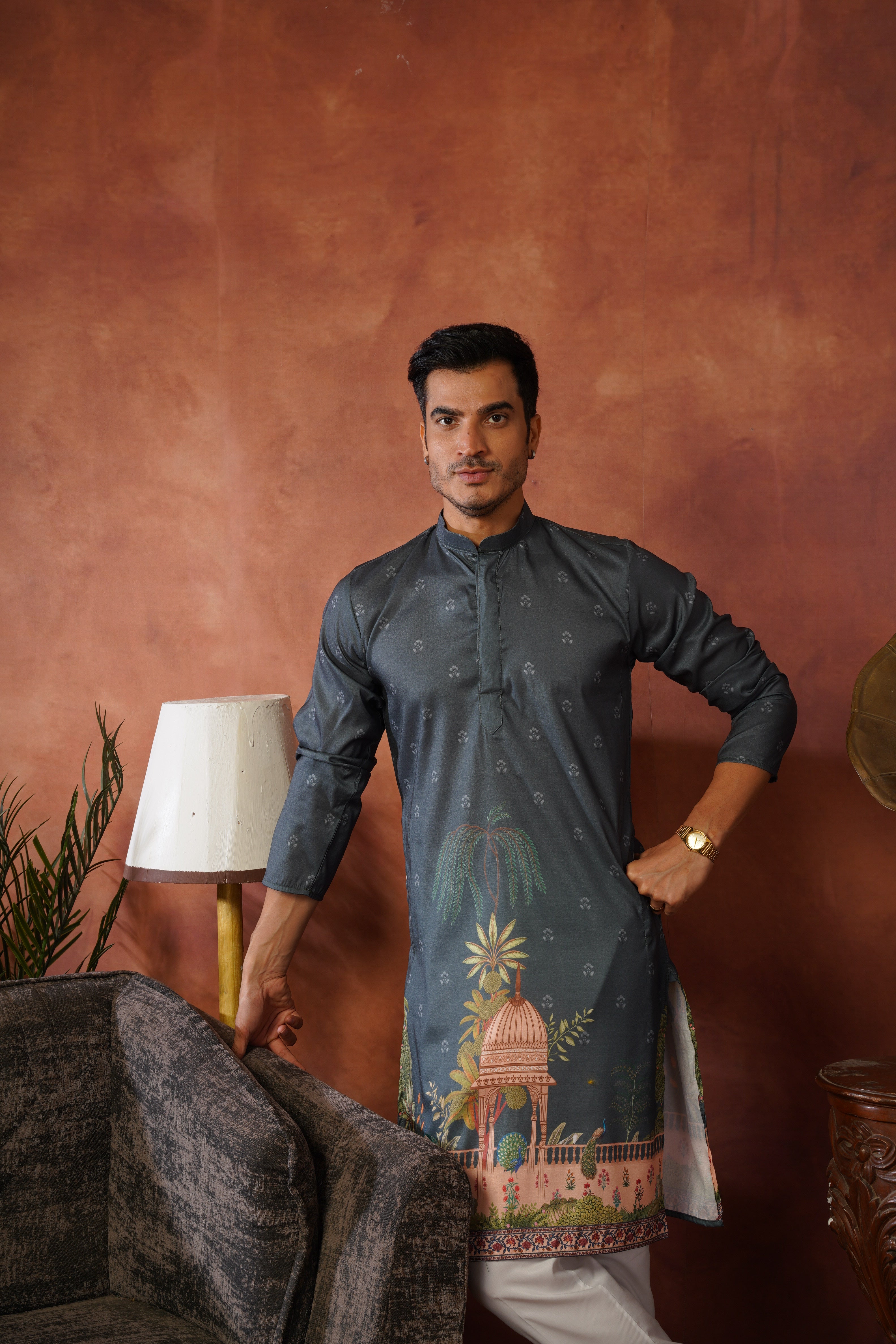 Rambagh Grey Printed Mens Kurta Set