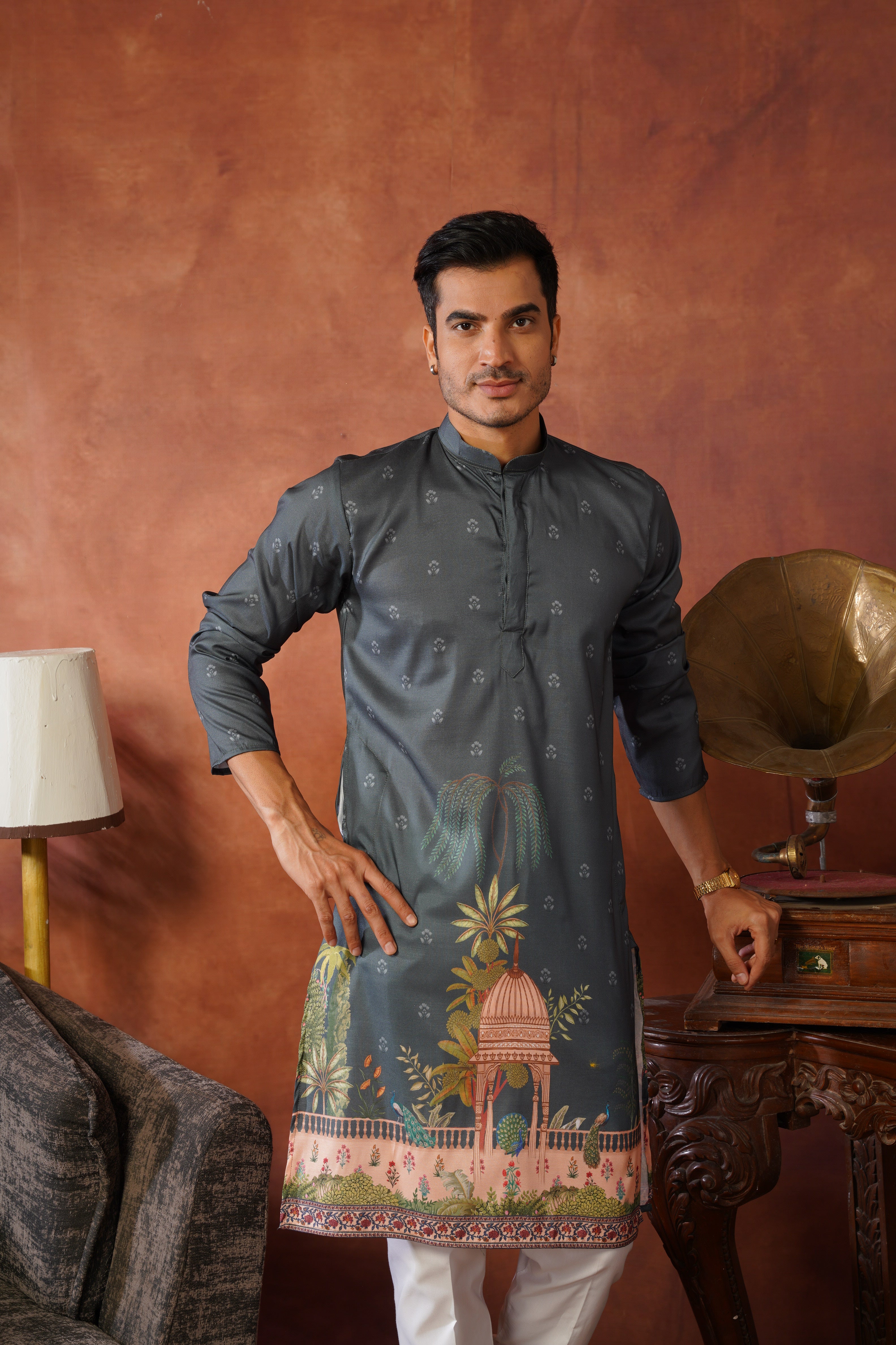 Rambagh Grey Printed Mens Kurta Set