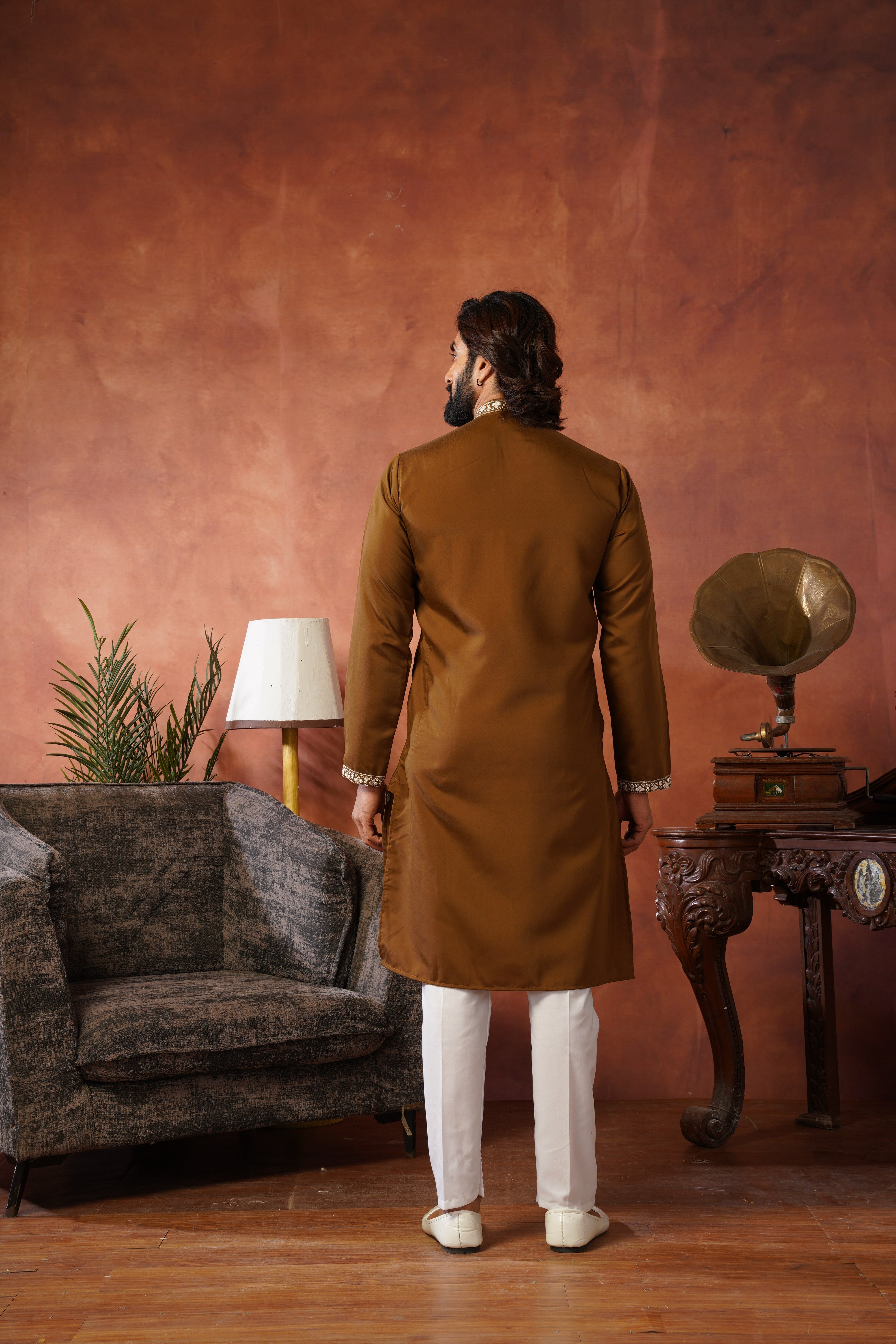 Dhara Embroidered Sequin Neckwork Brown Kurta Set