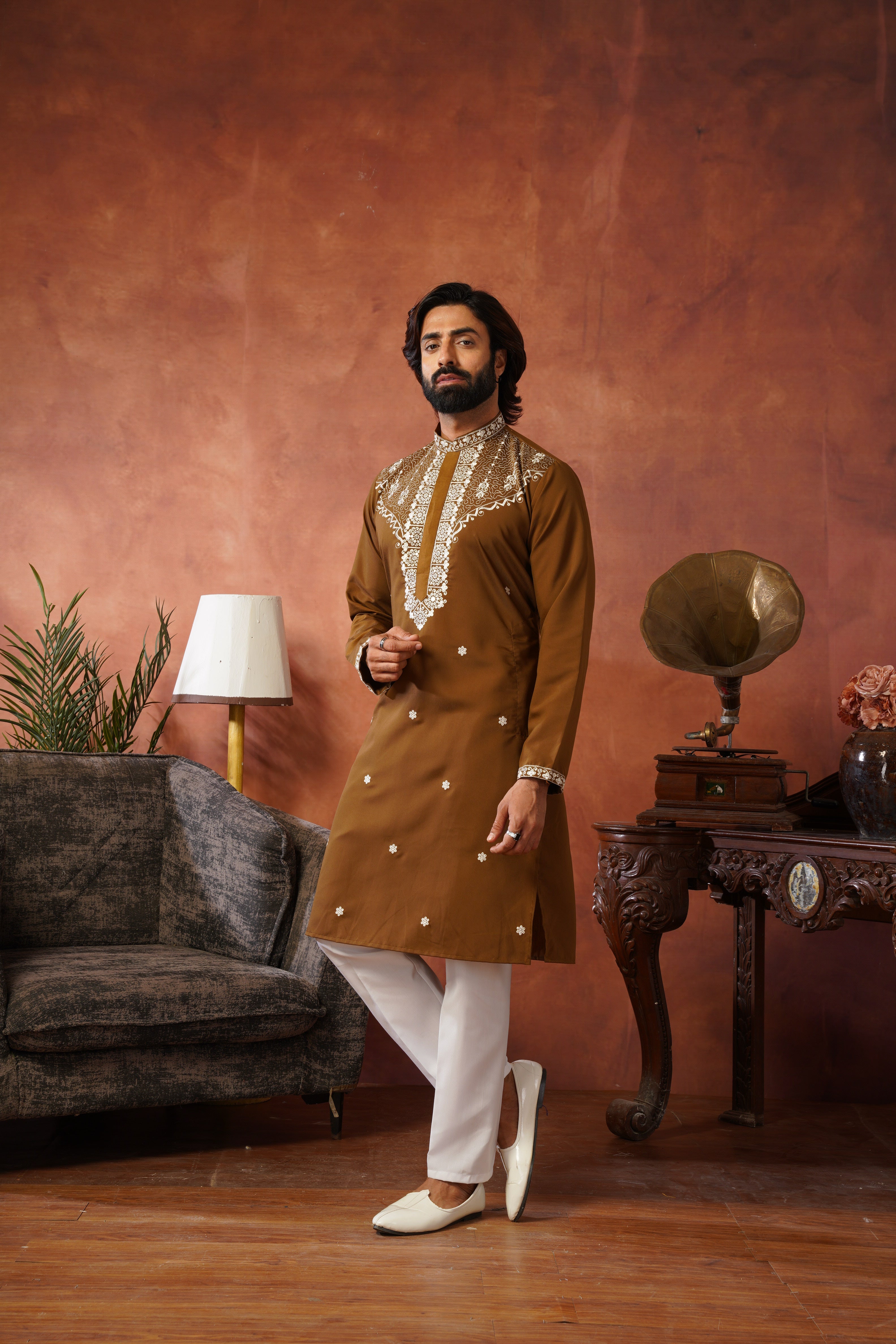 Dhara Embroidered Sequin Neckwork Brown Kurta Set