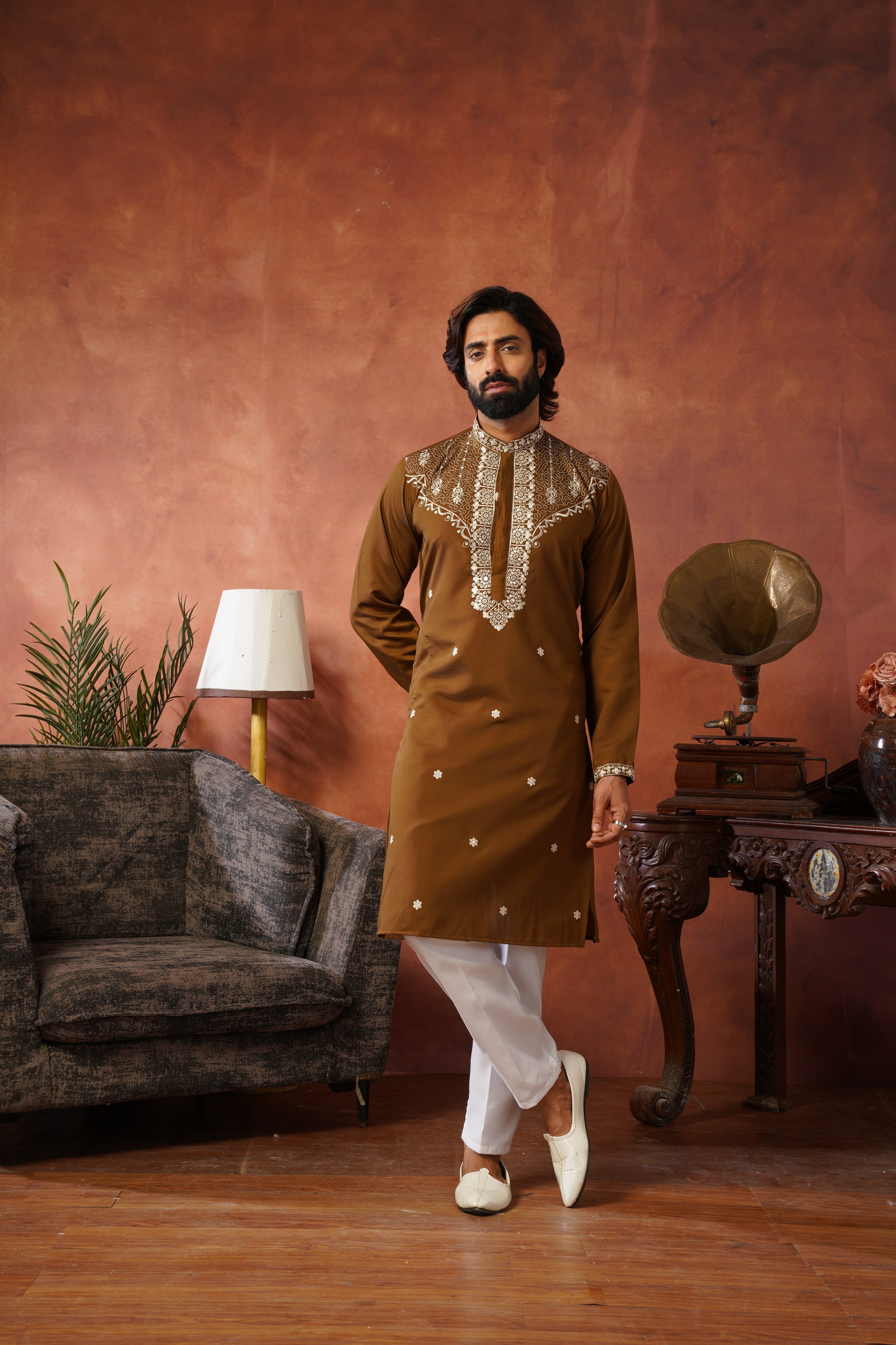 Dhara Embroidered Sequin Neckwork Brown Kurta Set