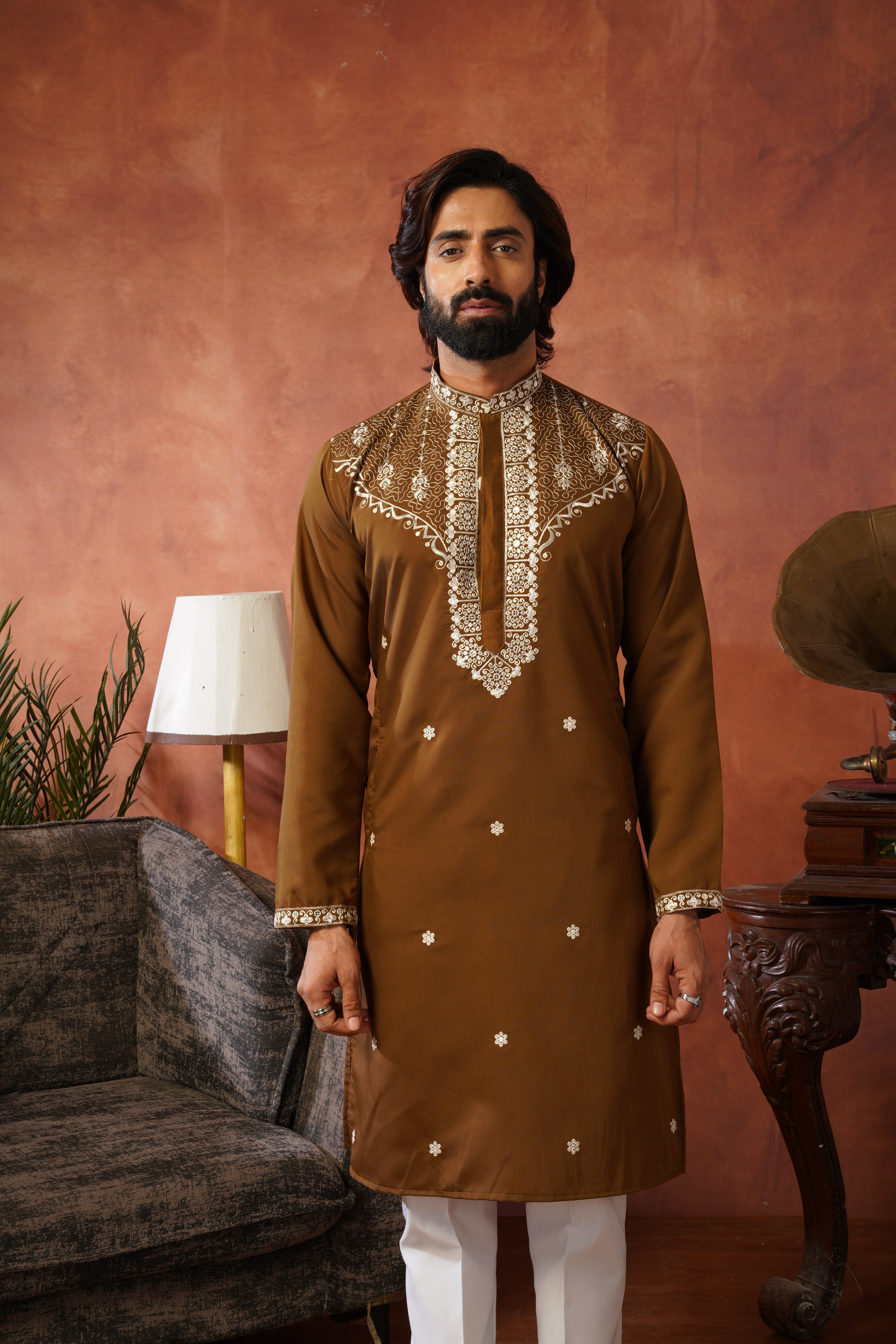 Dhara Embroidered Sequin Neckwork Brown Kurta Set