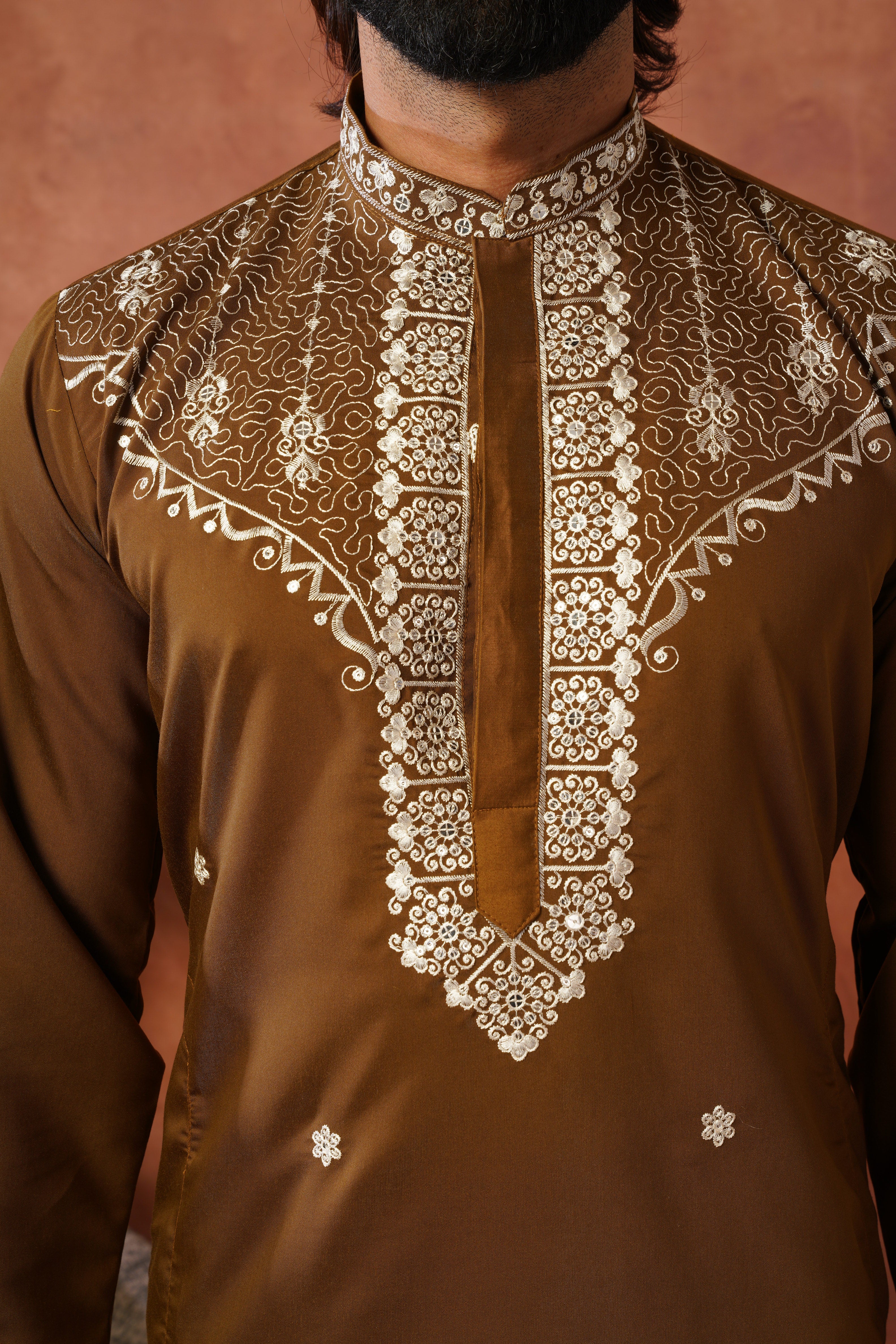 Dhara Embroidered Sequin Neckwork Brown Kurta Set