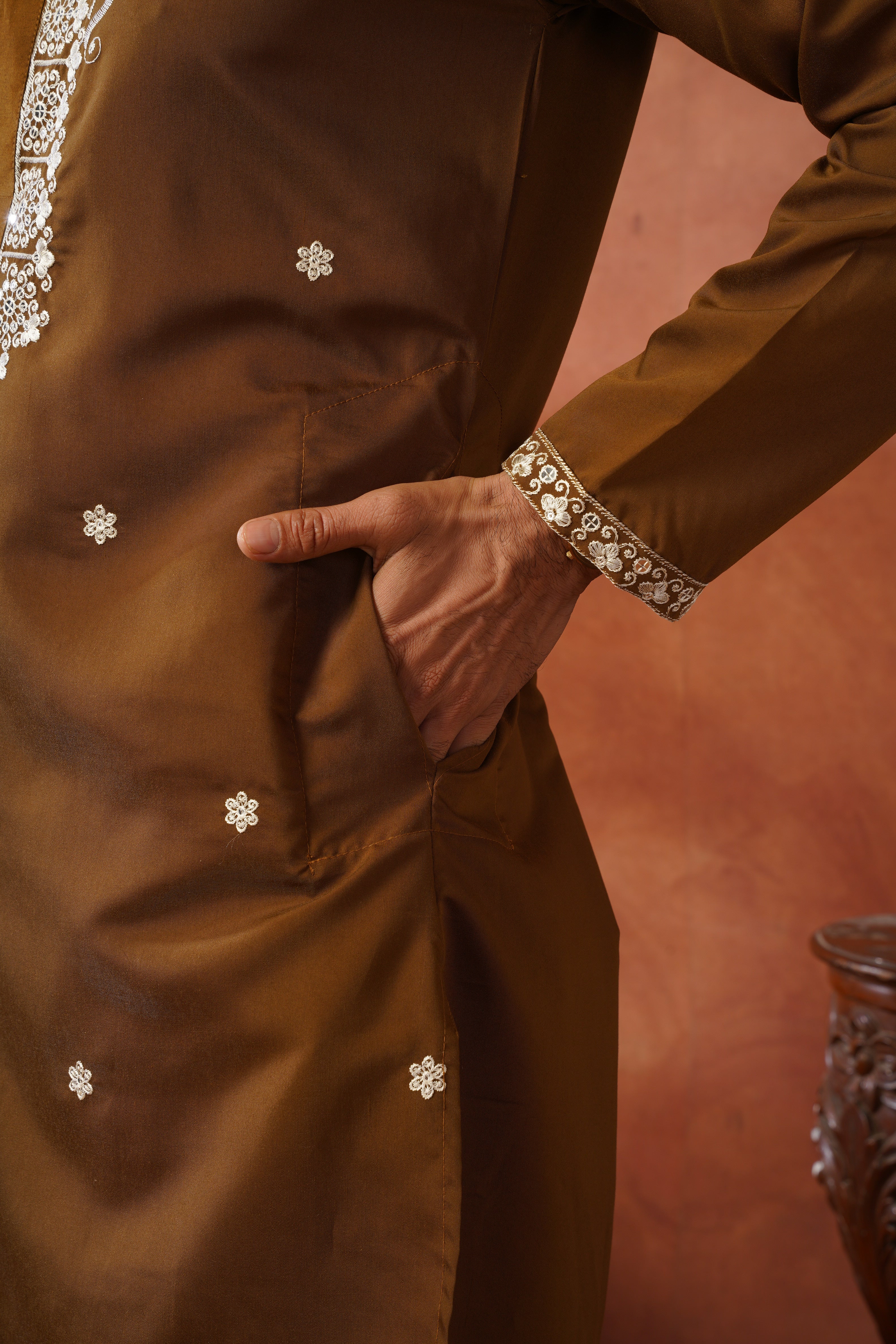 Dhara Embroidered Sequin Neckwork Brown Kurta Set