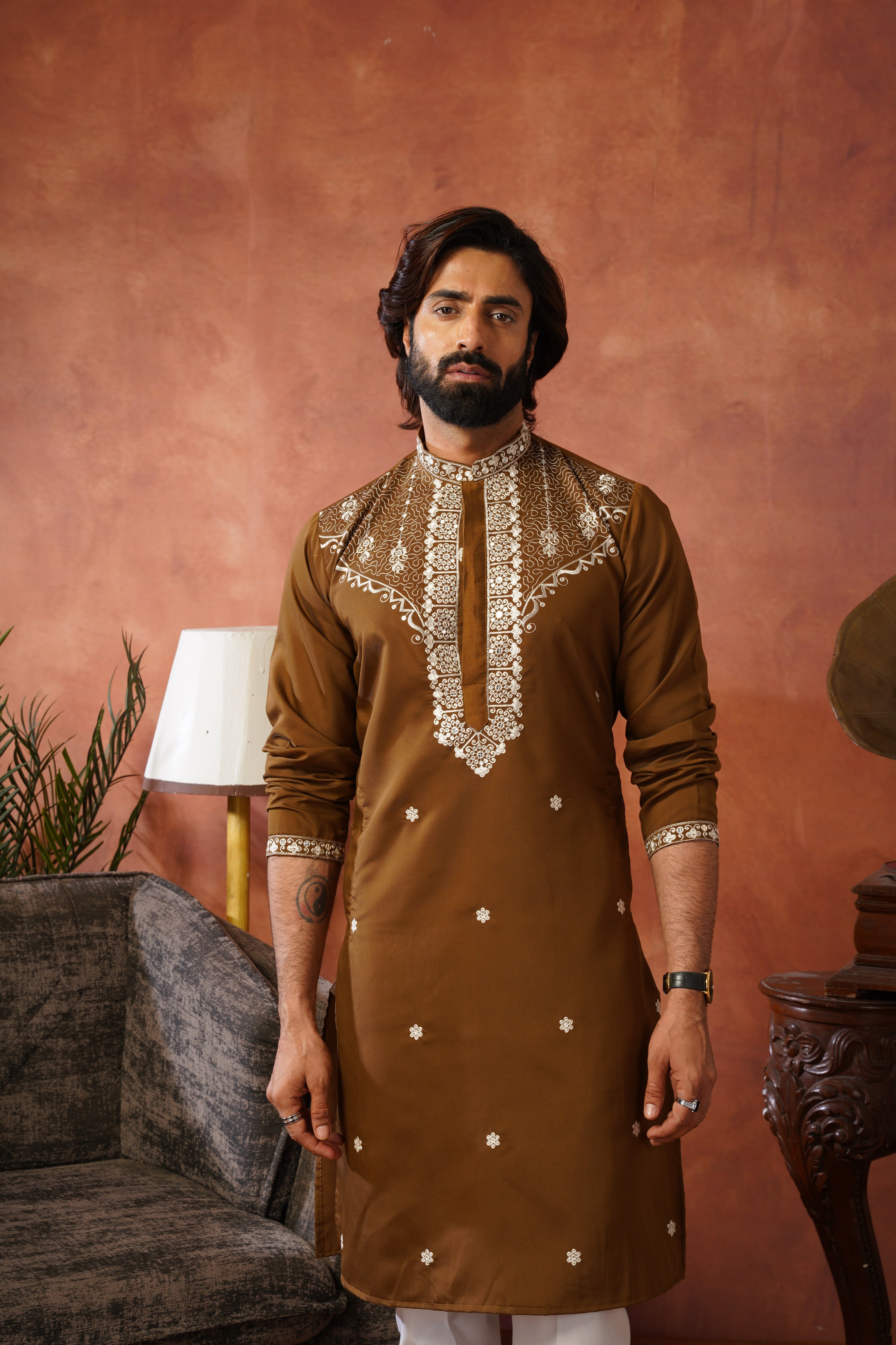 Dhara Embroidered Sequin Neckwork Brown Kurta Set