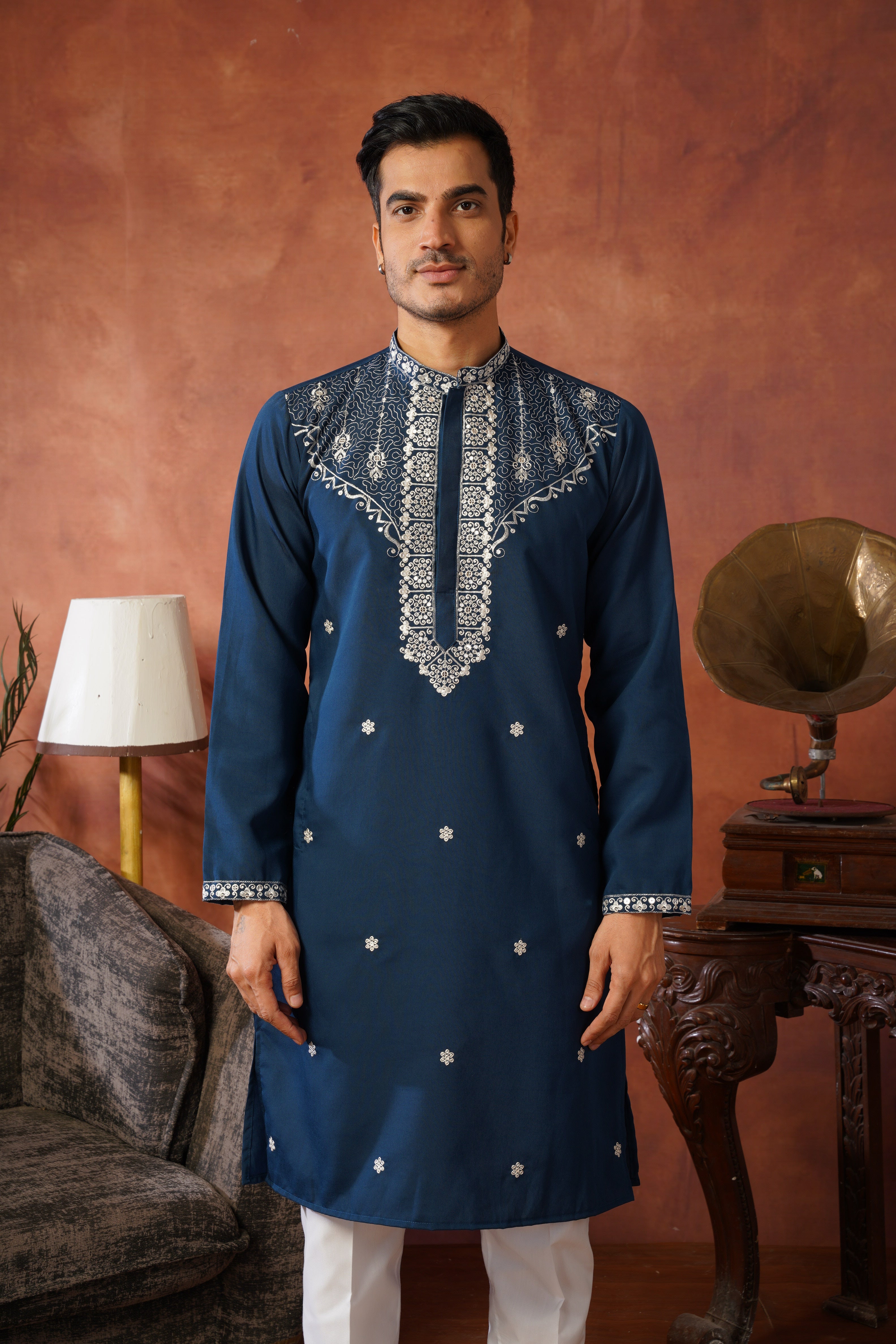 Dhara Embroidered Sequin Neckwork Blue Kurta Set