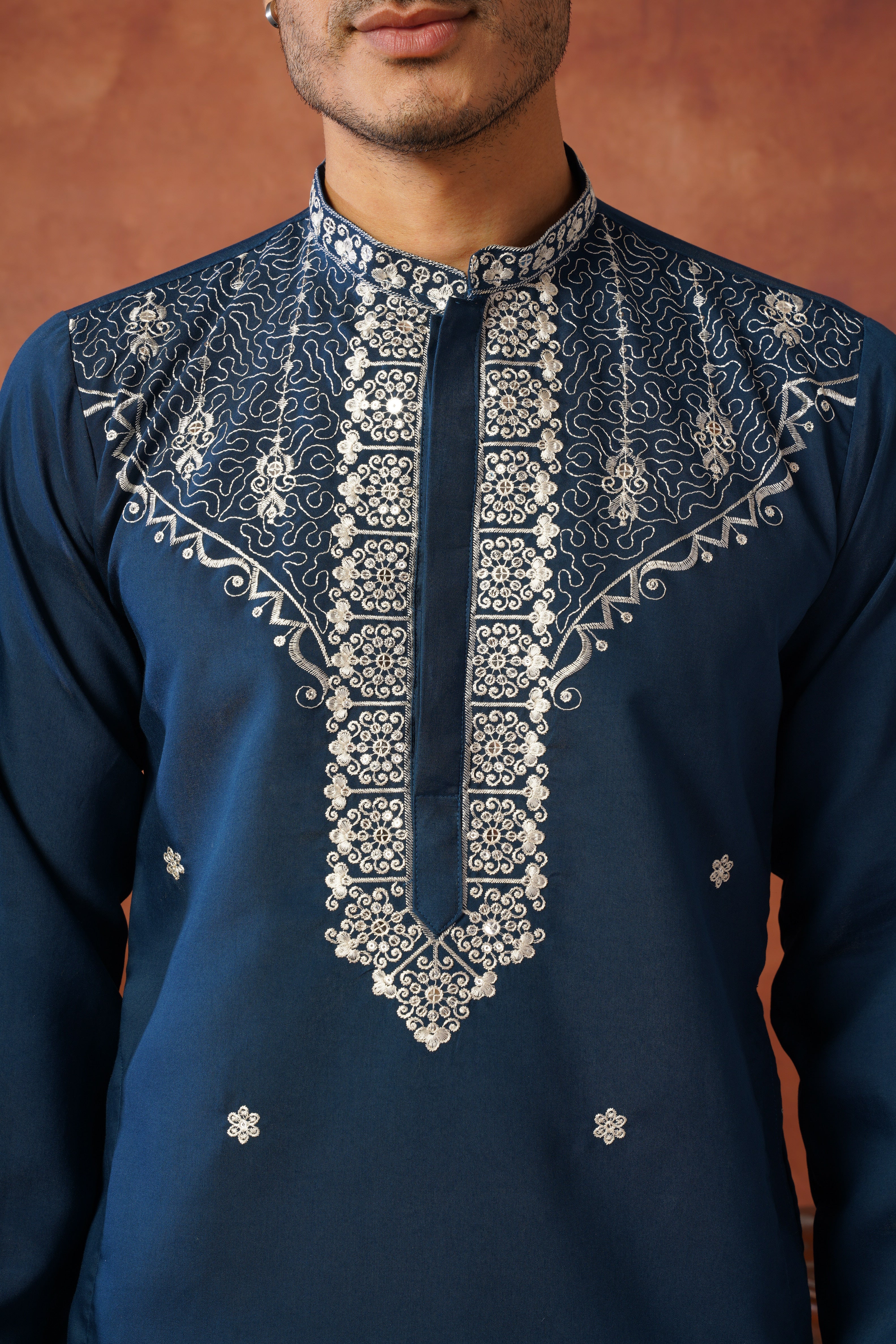 Dhara Embroidered Sequin Neckwork Blue Kurta Set