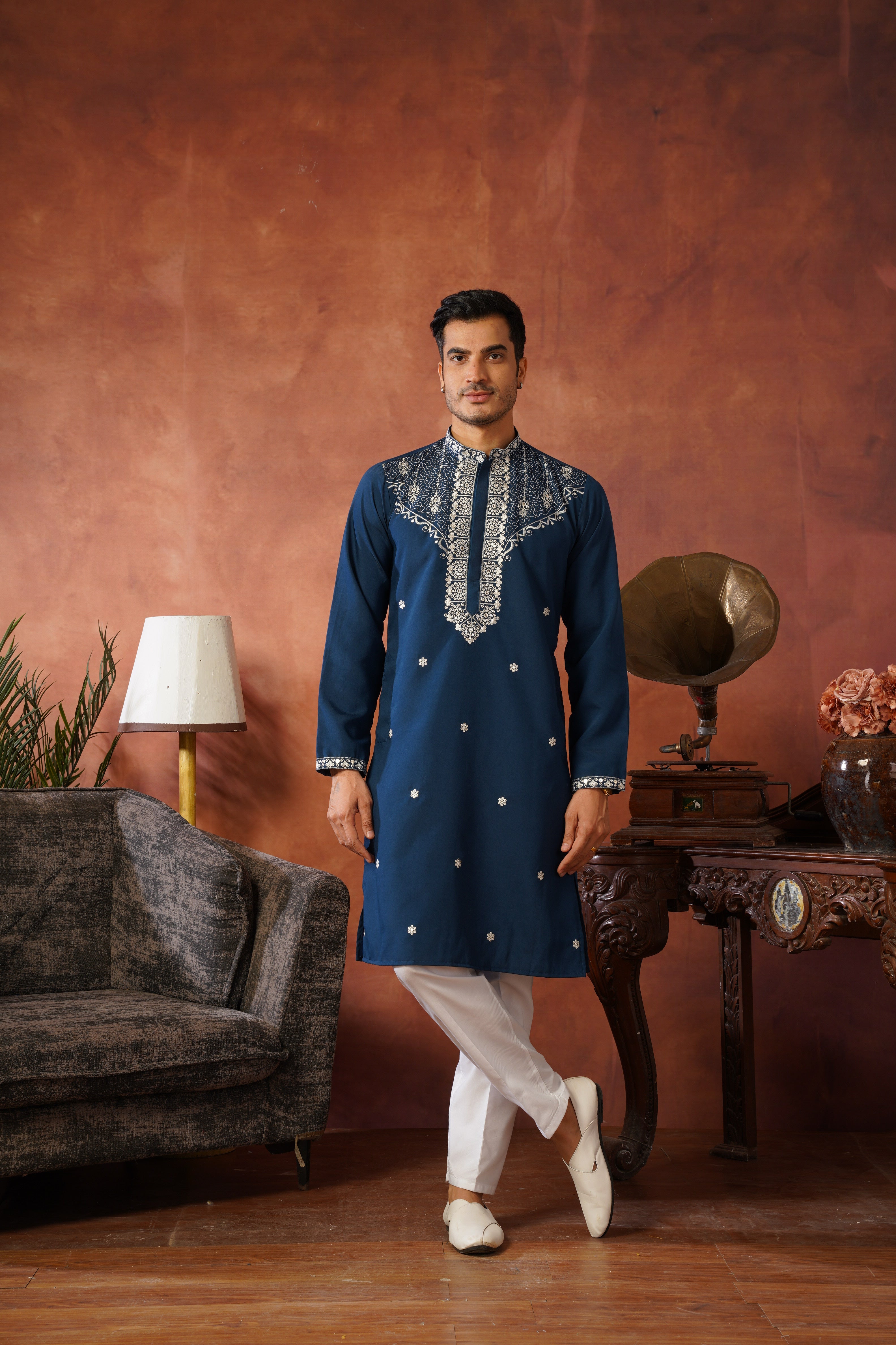 Dhara Embroidered Sequin Neckwork Blue Kurta Set