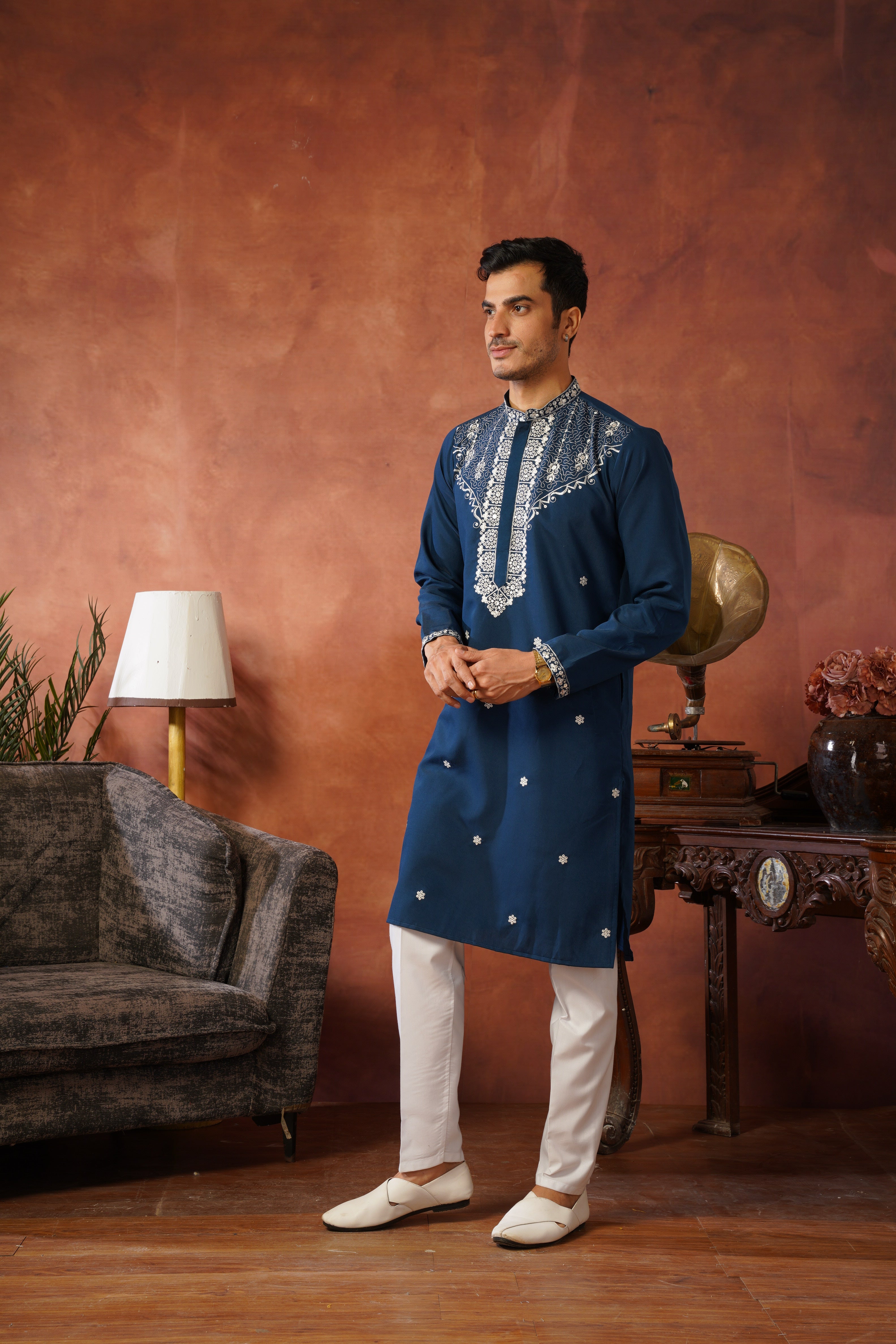Dhara Embroidered Sequin Neckwork Blue Kurta Set