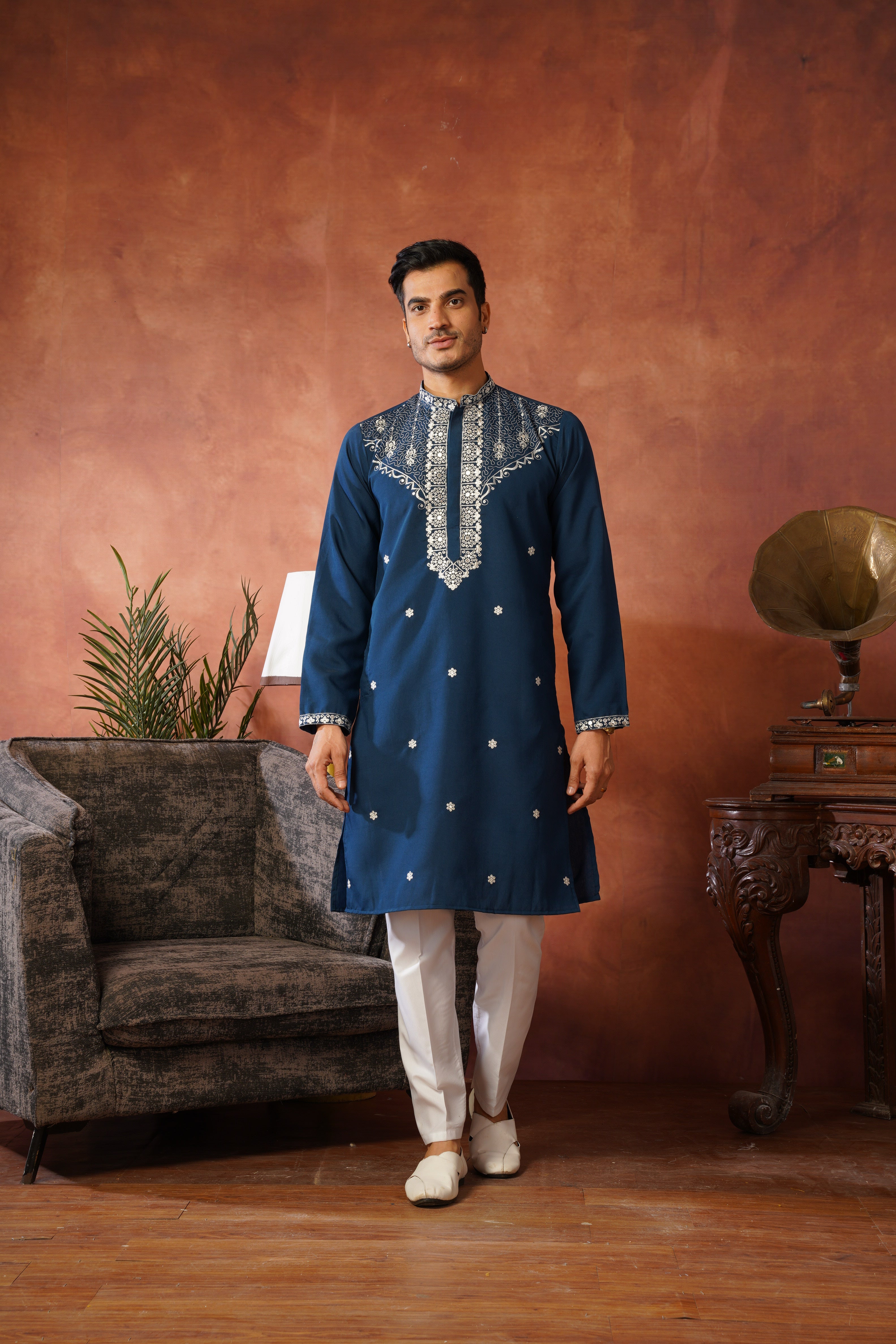Dhara Embroidered Sequin Neckwork Blue Kurta Set