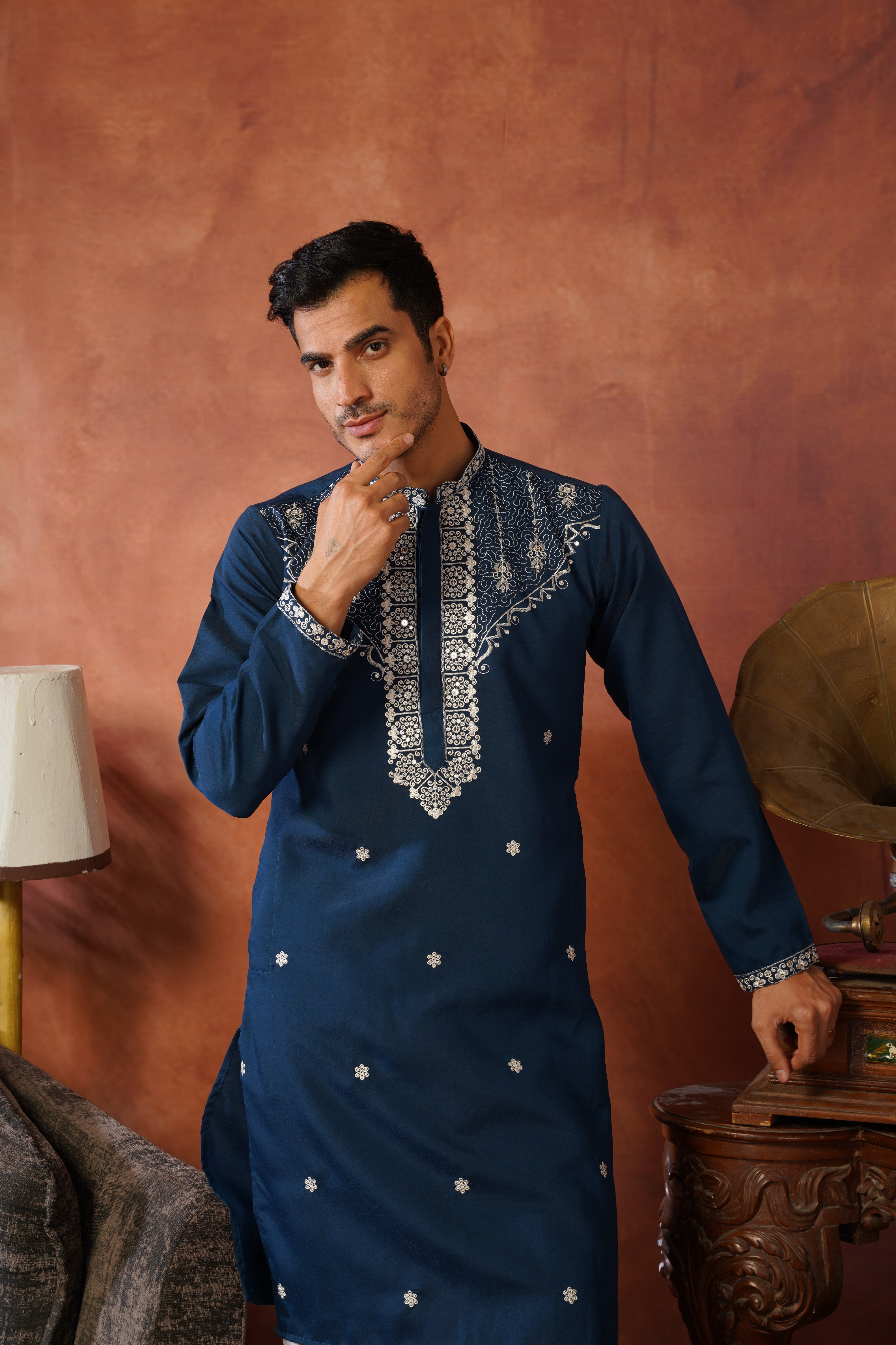 Dhara Embroidered Sequin Neckwork Blue Kurta Set