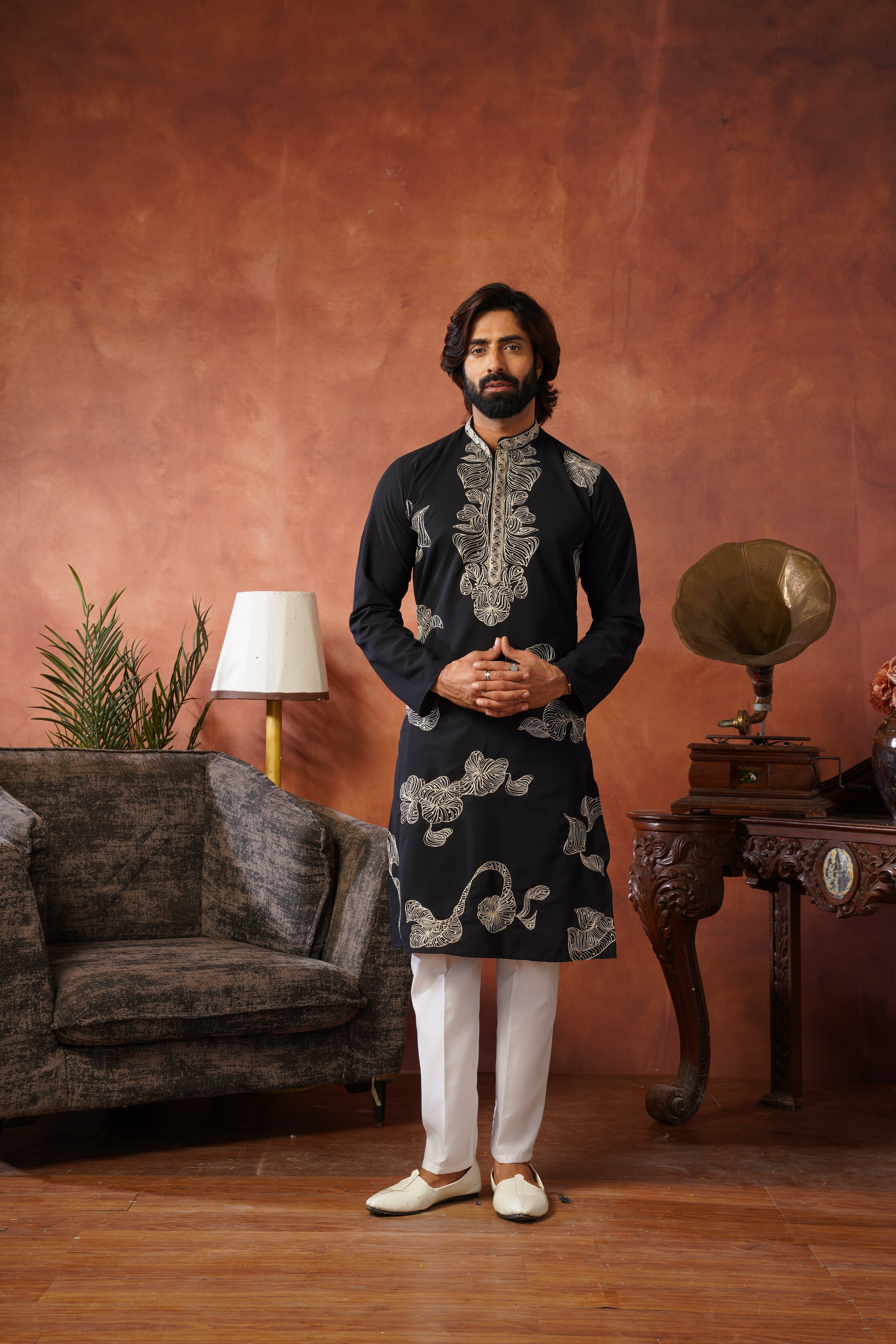 Shehnshah Premium Neckwork Embroidery Black Kurta Set