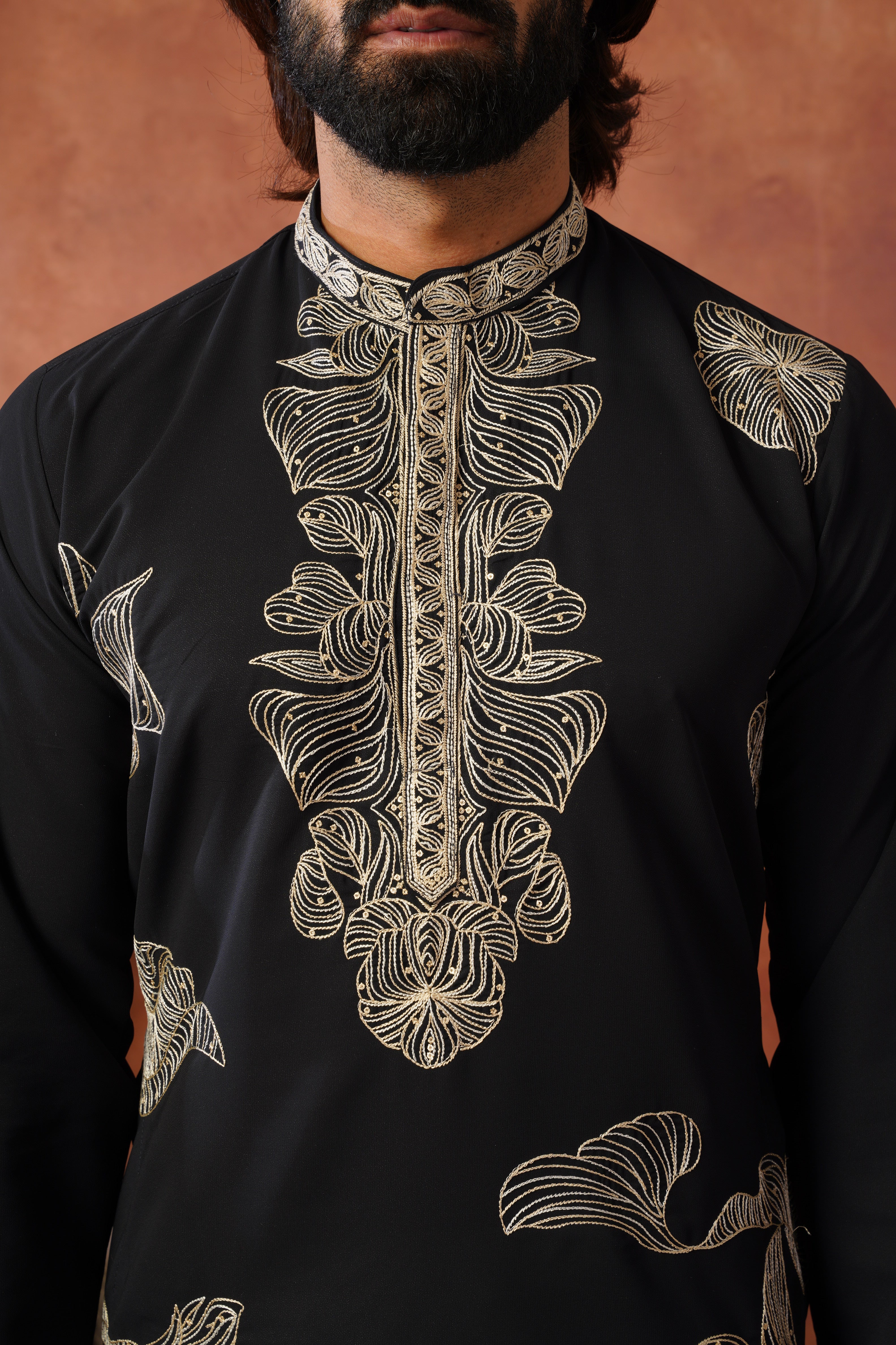 Shehnshah Premium Neckwork Embroidery Black Kurta Set