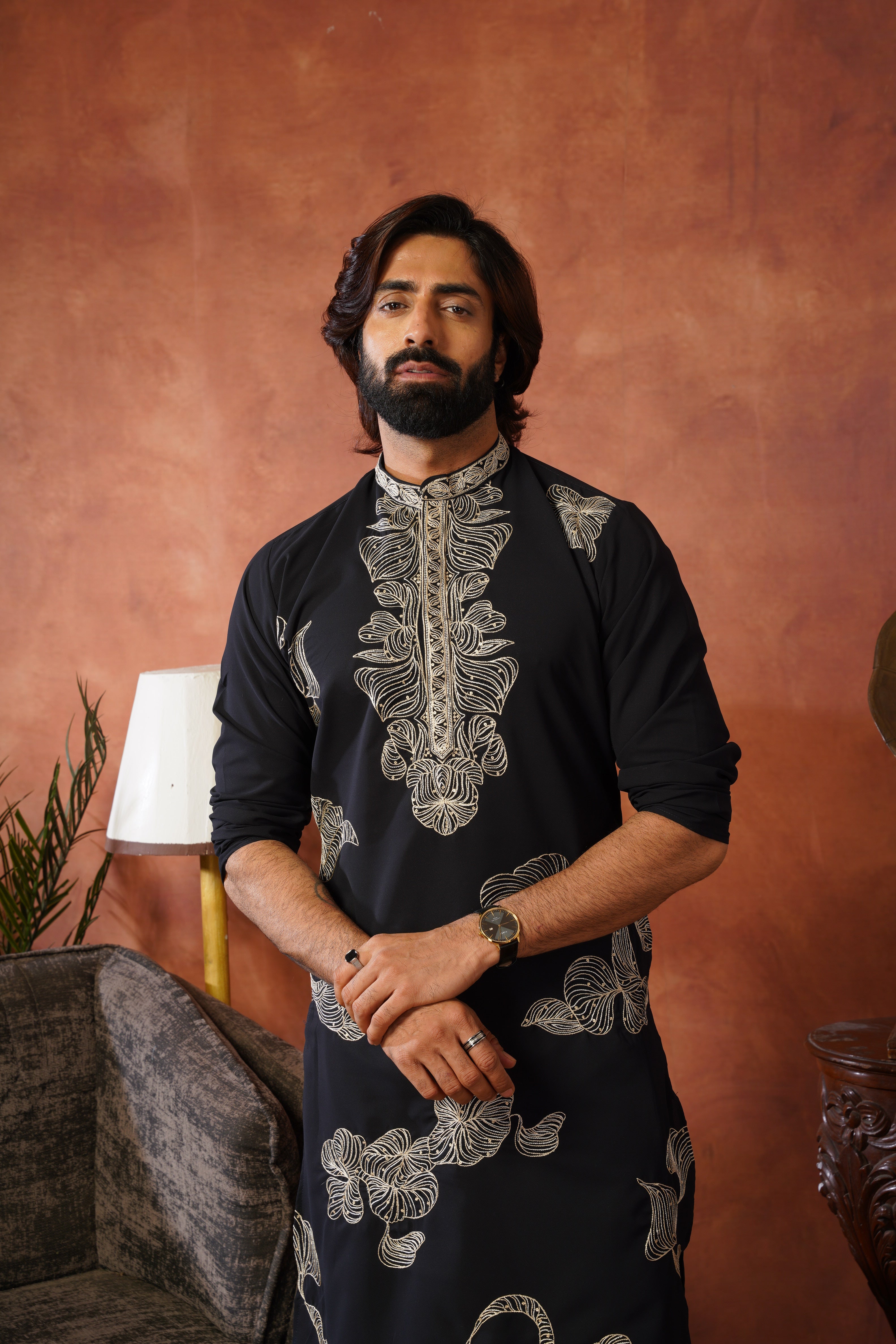 Shehnshah Premium Neckwork Embroidery Black Kurta Set