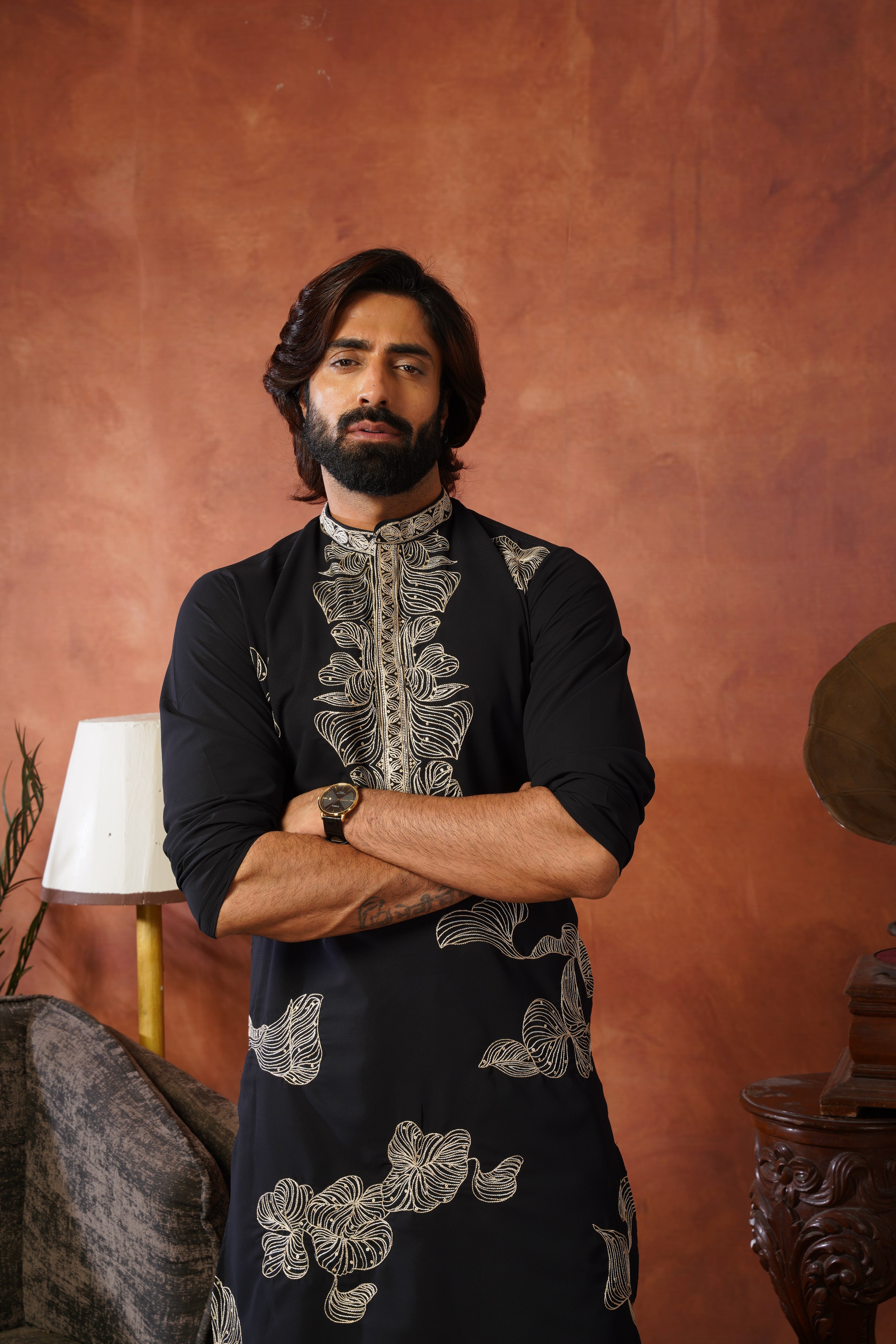 Shehnshah Premium Neckwork Embroidery Black Kurta Set