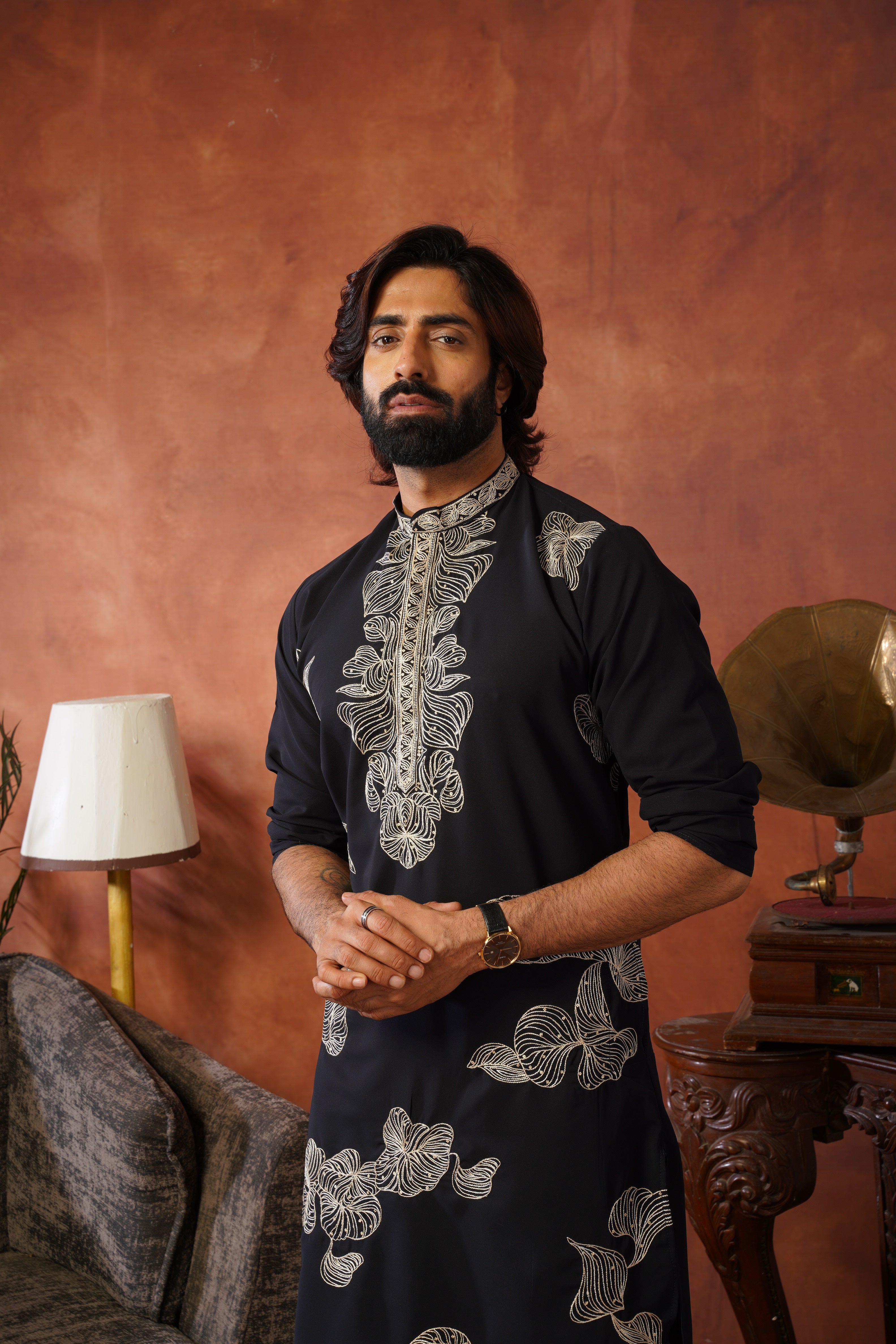 Shehnshah Premium Neckwork Embroidery Black Kurta Set