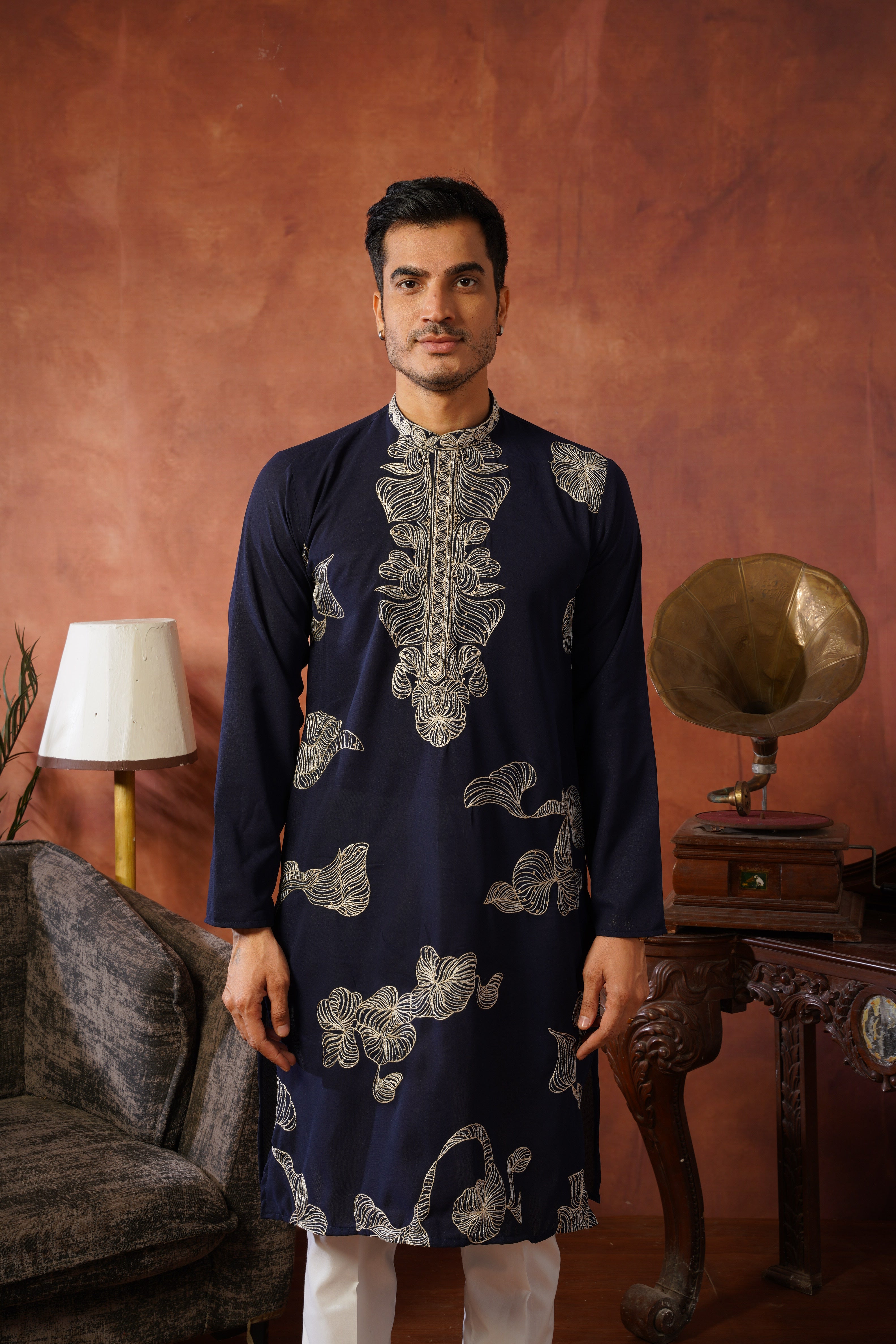 Shehnshah Premium Neckwork Embroidery Navy Kurta Set