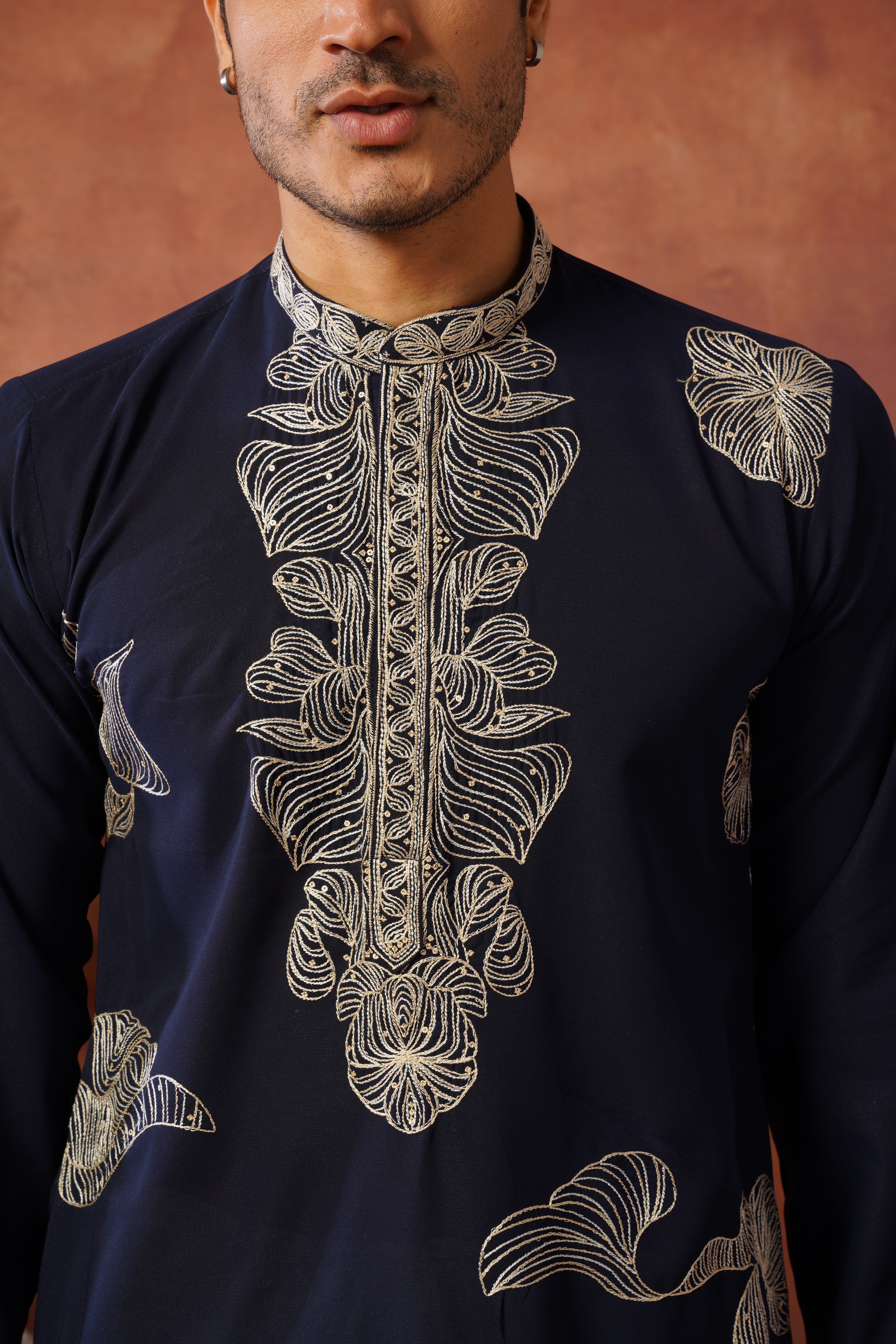 Shehnshah Premium Neckwork Embroidery Navy Kurta Set
